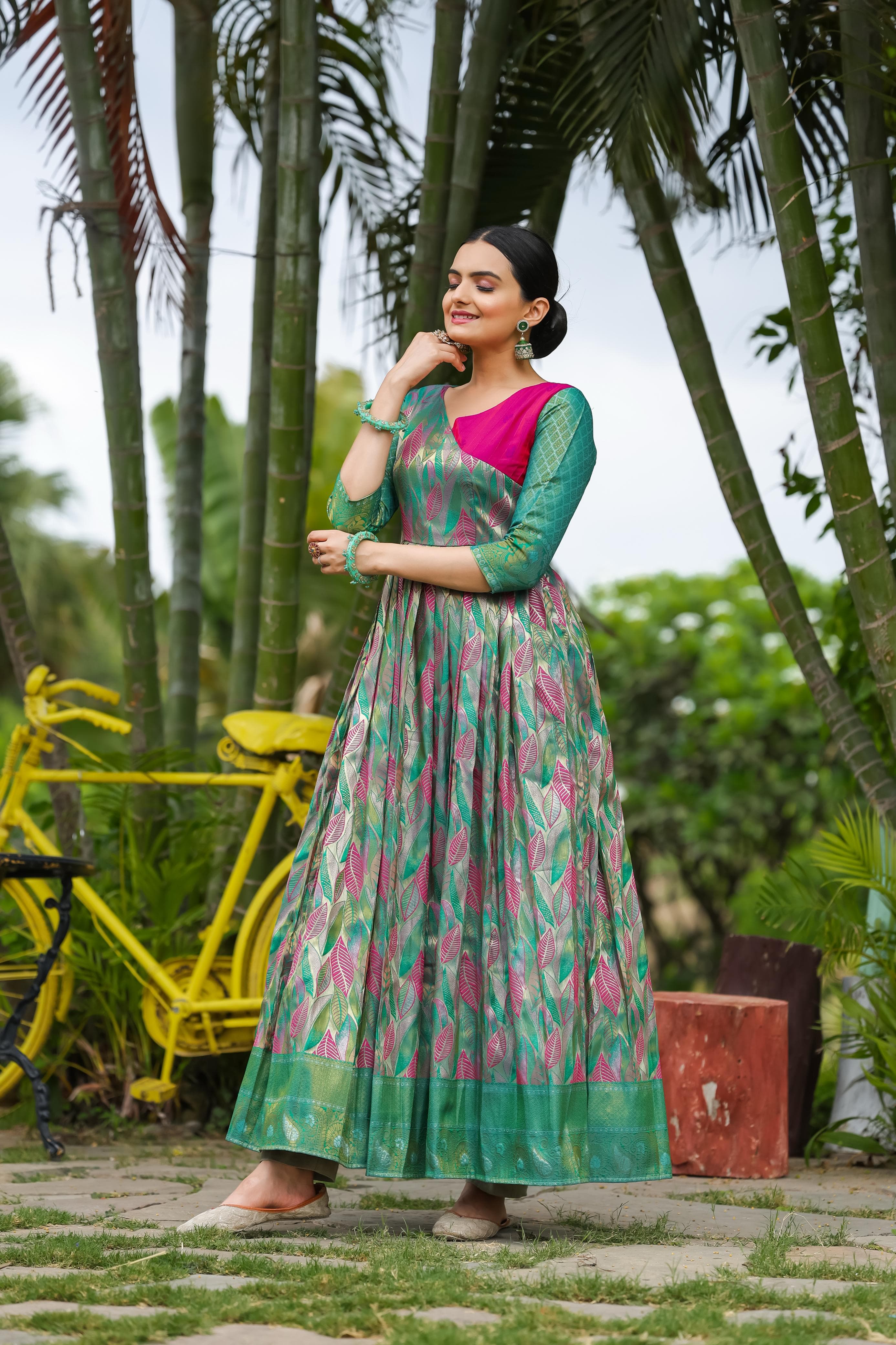 Green Pure Soft Silk Copper Weaving Anarkali Gown