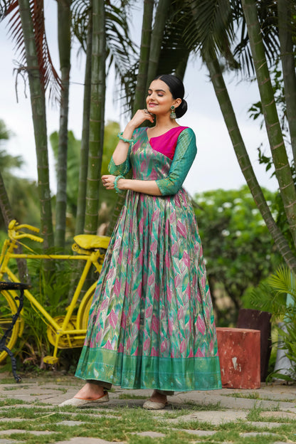Green Pure Soft Silk Copper Weaving Anarkali Gown Anarkali Gown Anant Tex Exports Pvt.Ltd..