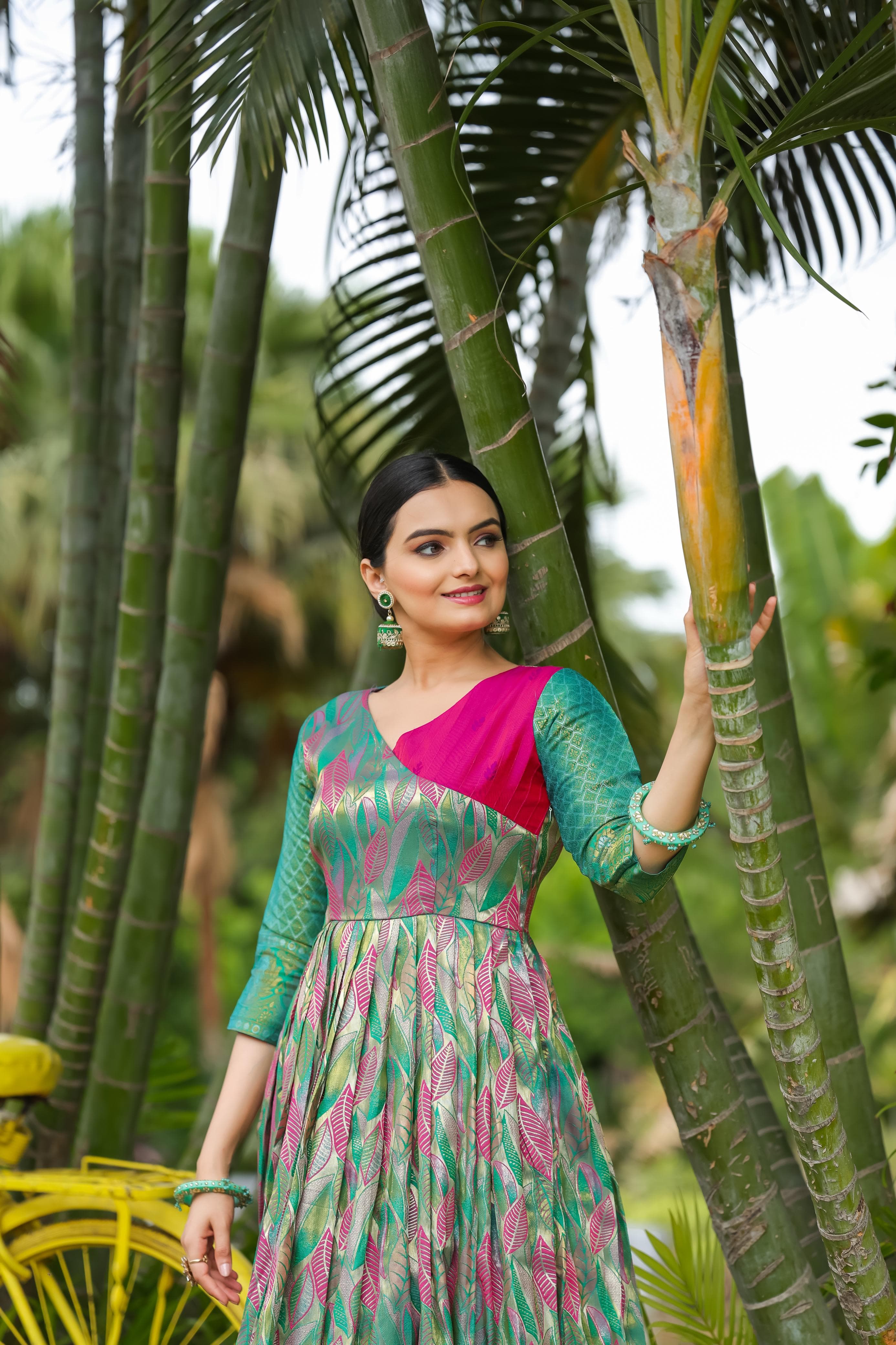 Green Pure Soft Silk Copper Weaving Anarkali Gown