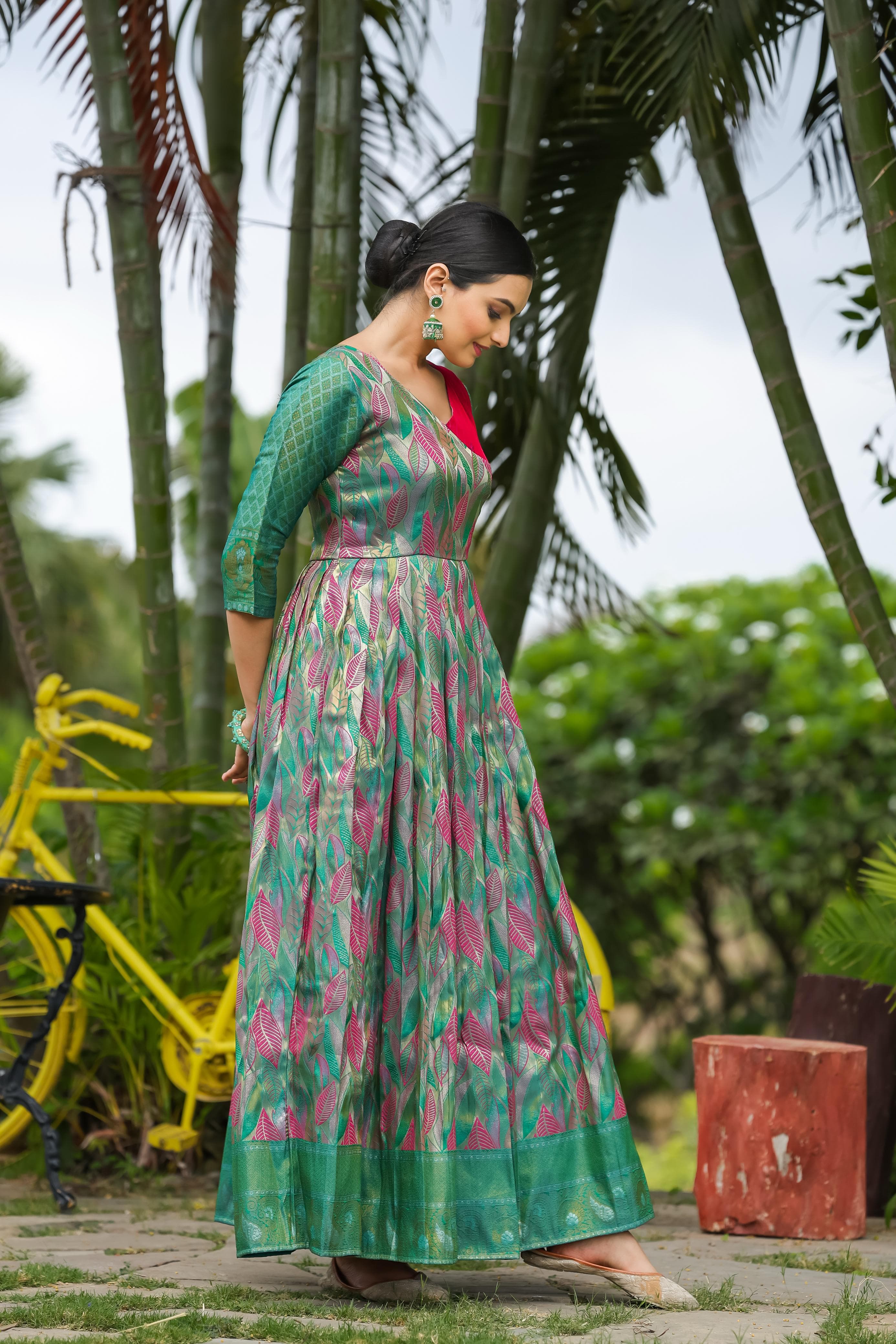 Green Pure Soft Silk Copper Weaving Anarkali Gown