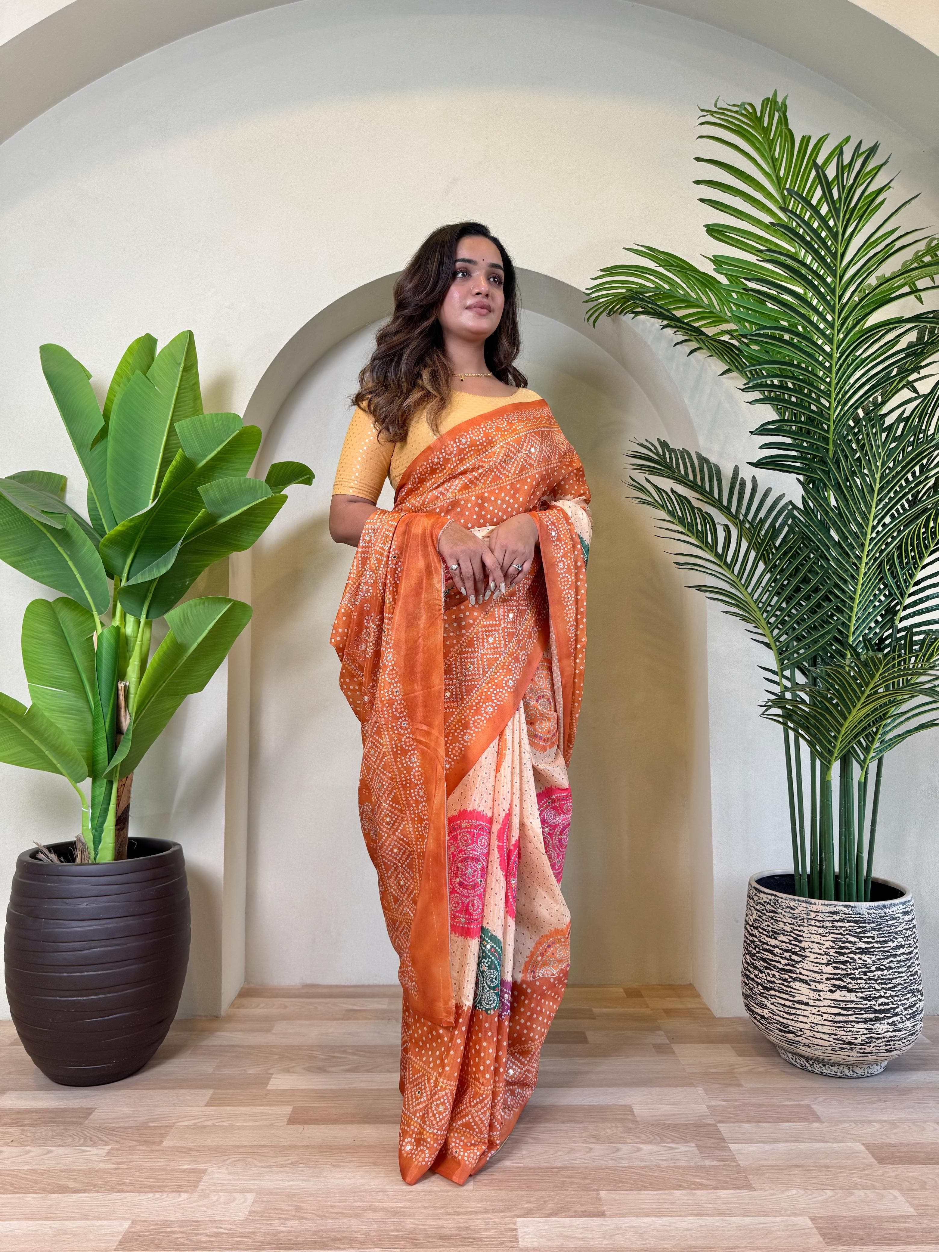 Orange Pure Soft Tissue Bandhani Print Saree