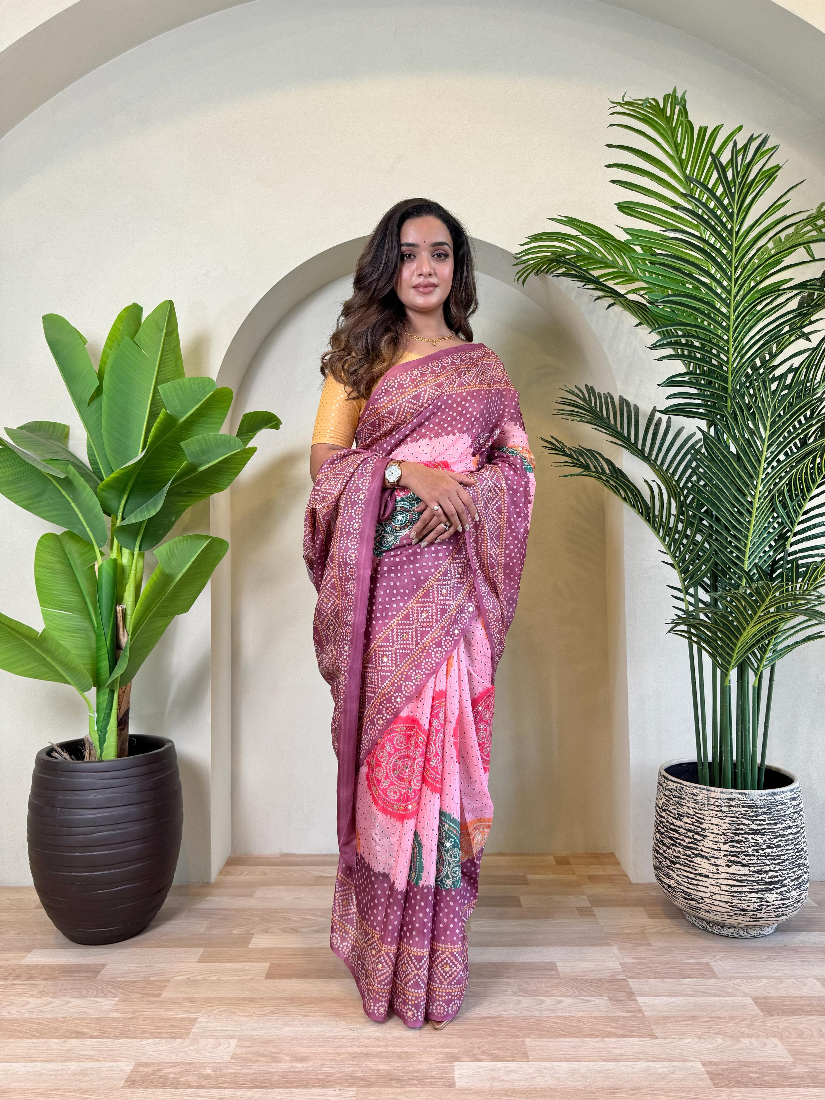 Wine Pure Soft Tissue Bandhani Print Saree
