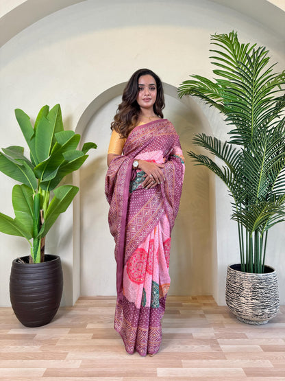 Wine Pure Soft Tissue Bandhani Print Saree Tissue Saree Anant Tex Exports Pvt.Ltd..