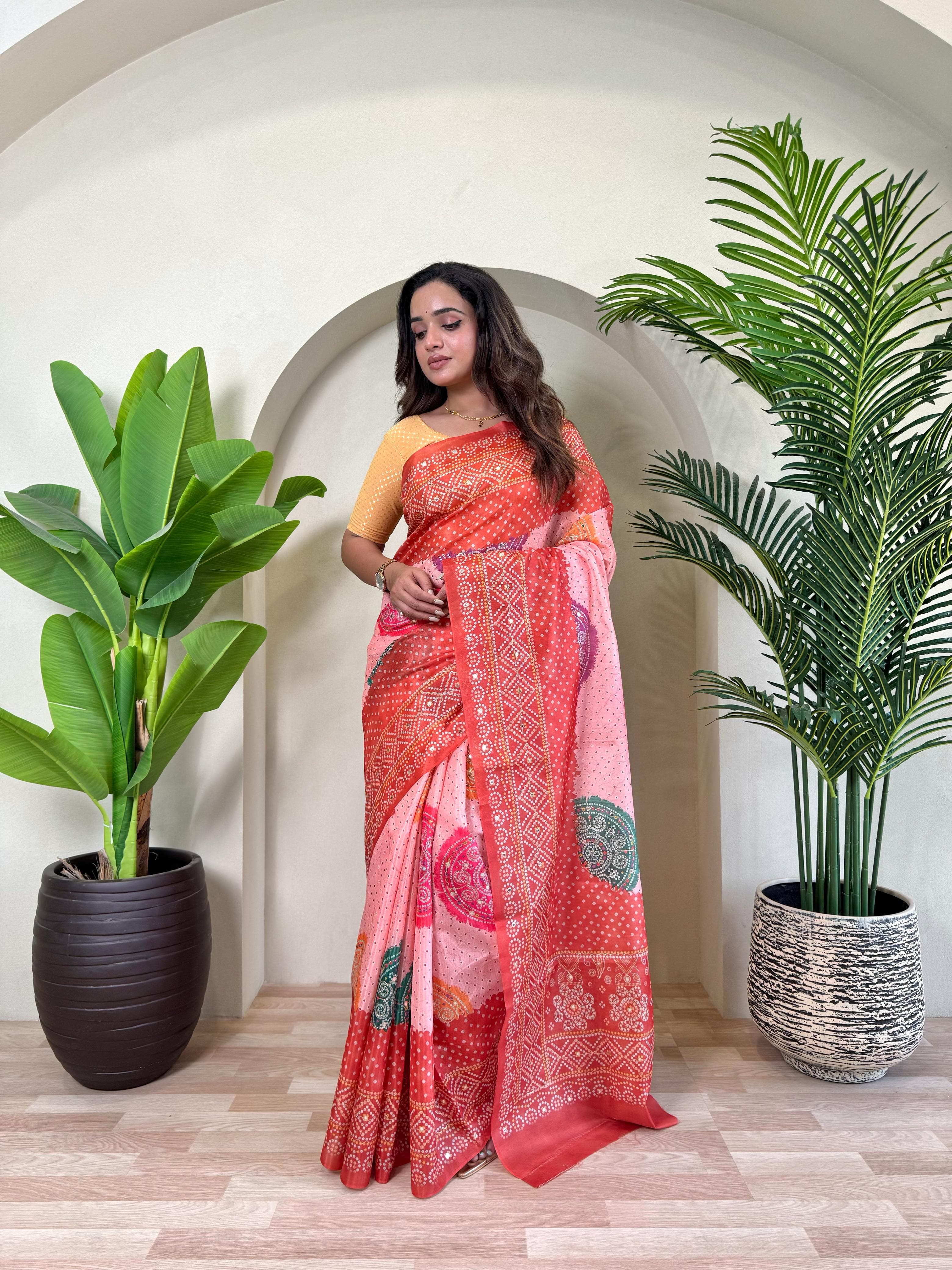 Red Pure Soft Tissue Bandhani Print Saree