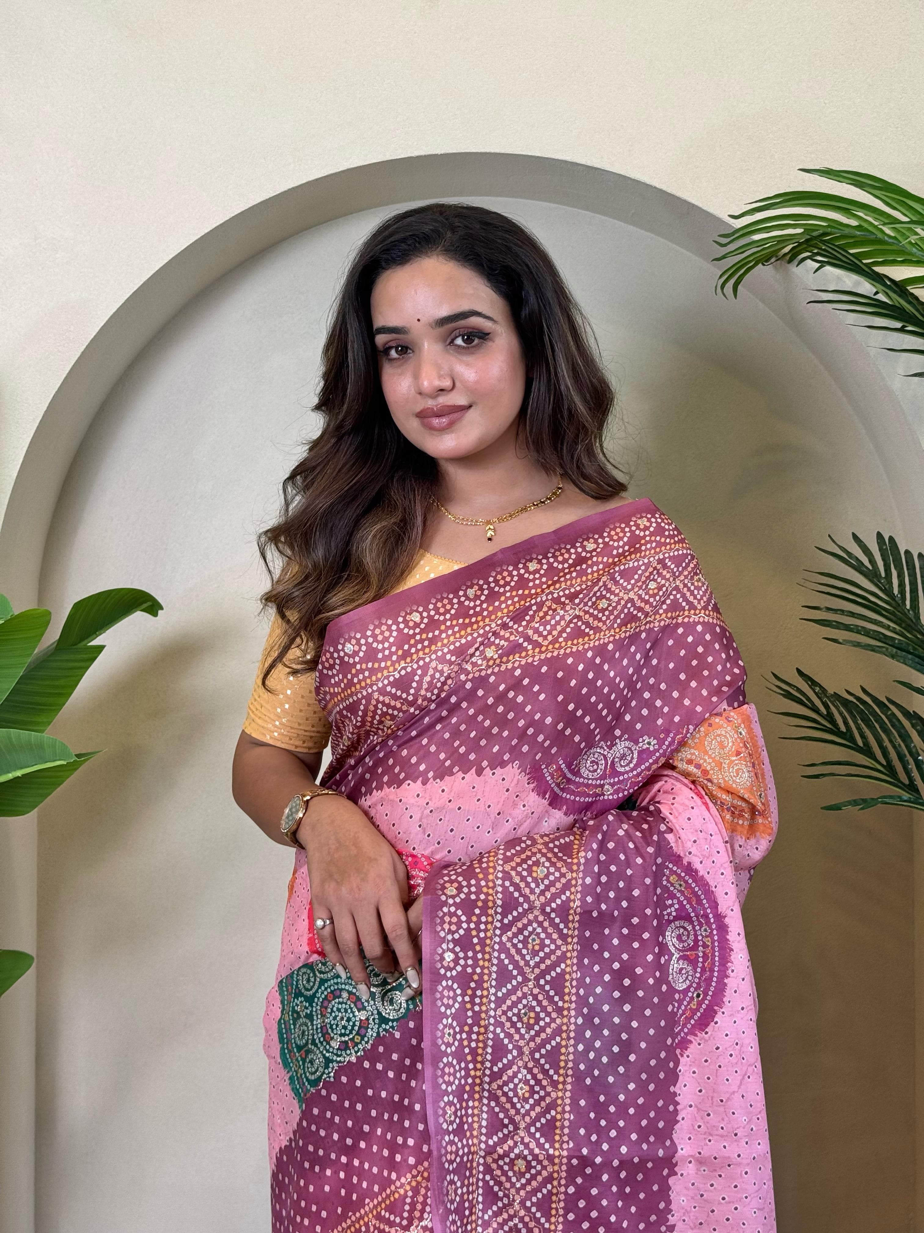 Wine Pure Soft Tissue Bandhani Print Saree