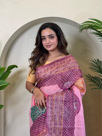 Wine Pure Soft Tissue Bandhani Print Saree Tissue Saree Anant Tex Exports Pvt.Ltd..