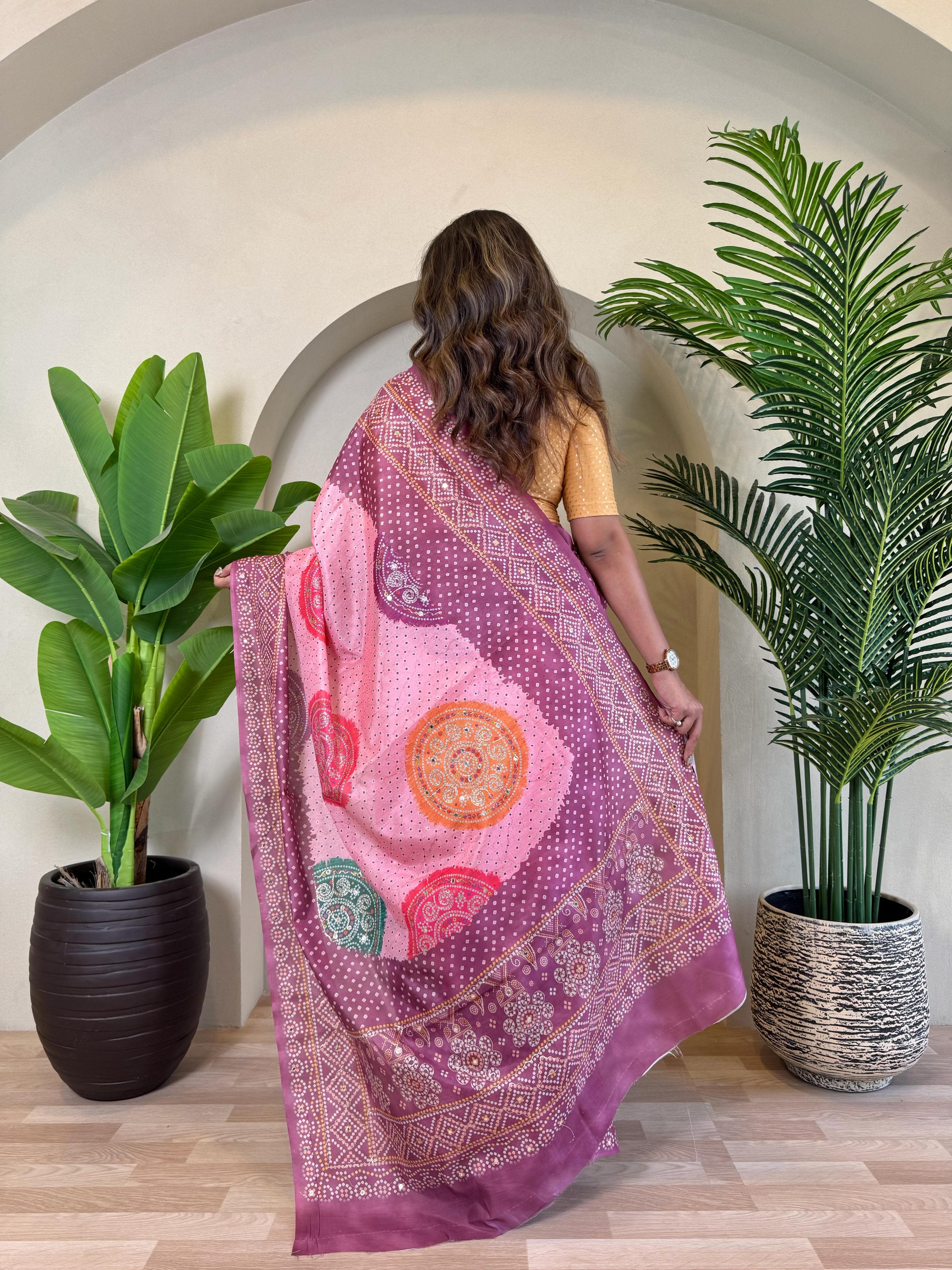 Wine Pure Soft Tissue Bandhani Print Saree Tissue Saree Anant Tex Exports Pvt.Ltd..