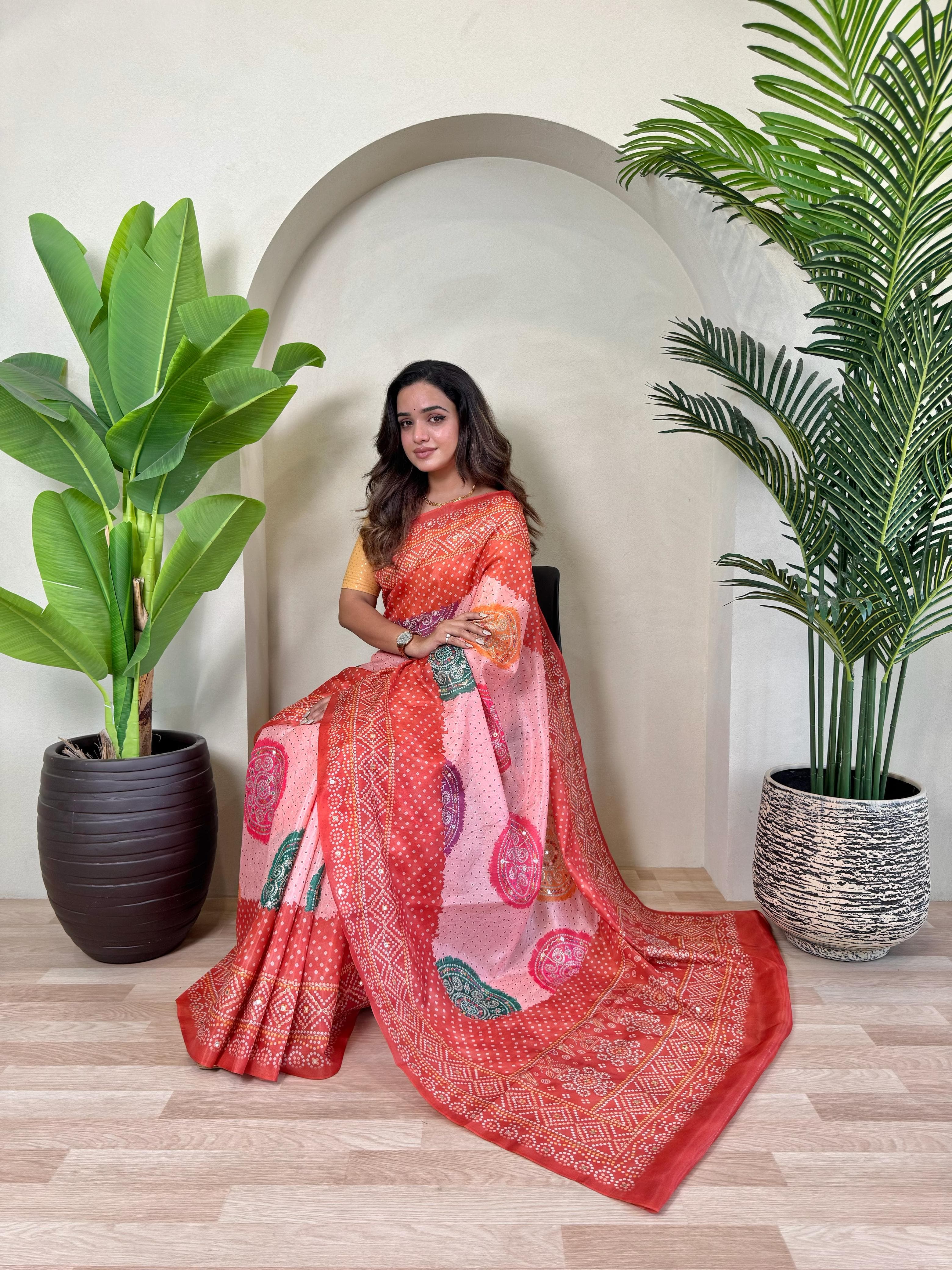 Red Pure Soft Tissue Bandhani Print Saree Tissue Saree Anant Tex Exports Pvt.Ltd..