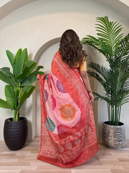 Red Pure Soft Tissue Bandhani Print Saree Tissue Saree Anant Tex Exports Pvt.Ltd..