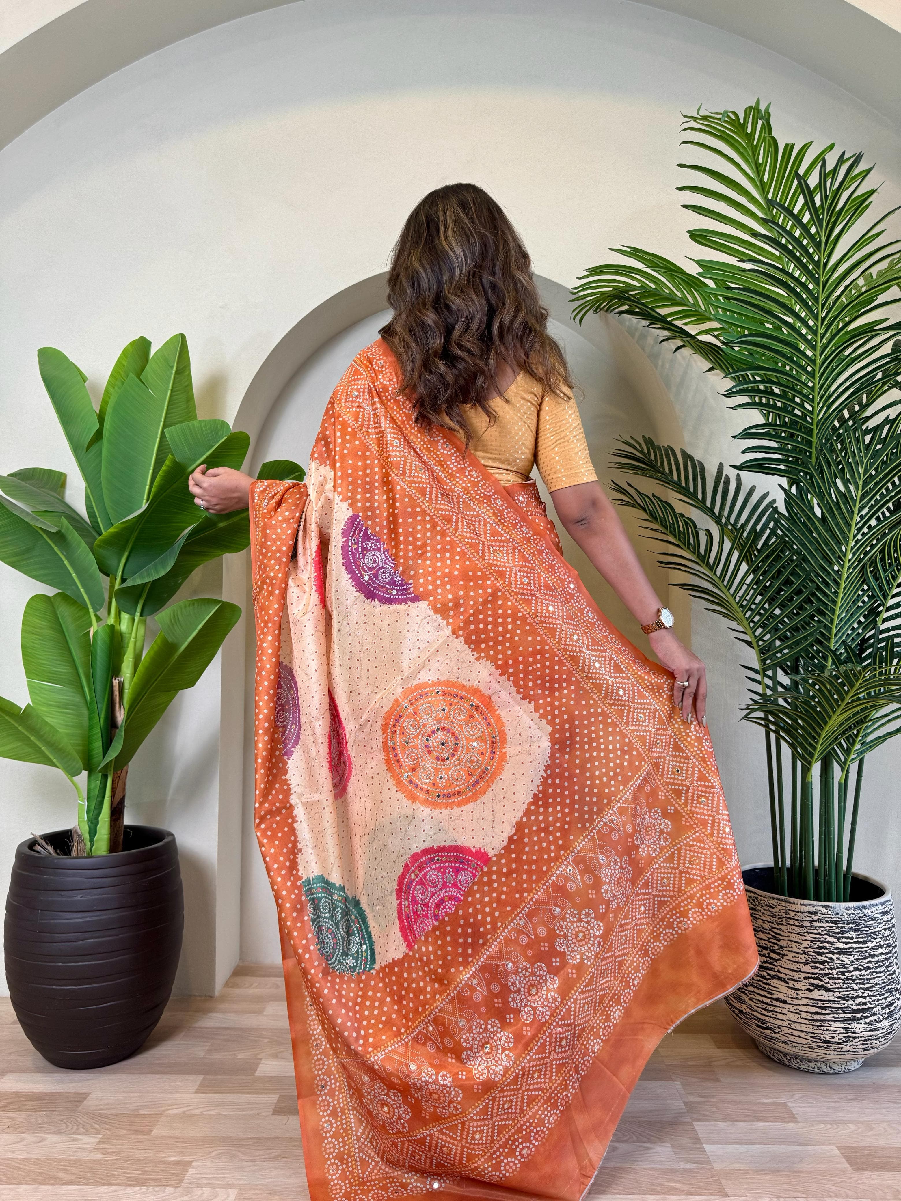 Orange Pure Soft Tissue Bandhani Print Saree