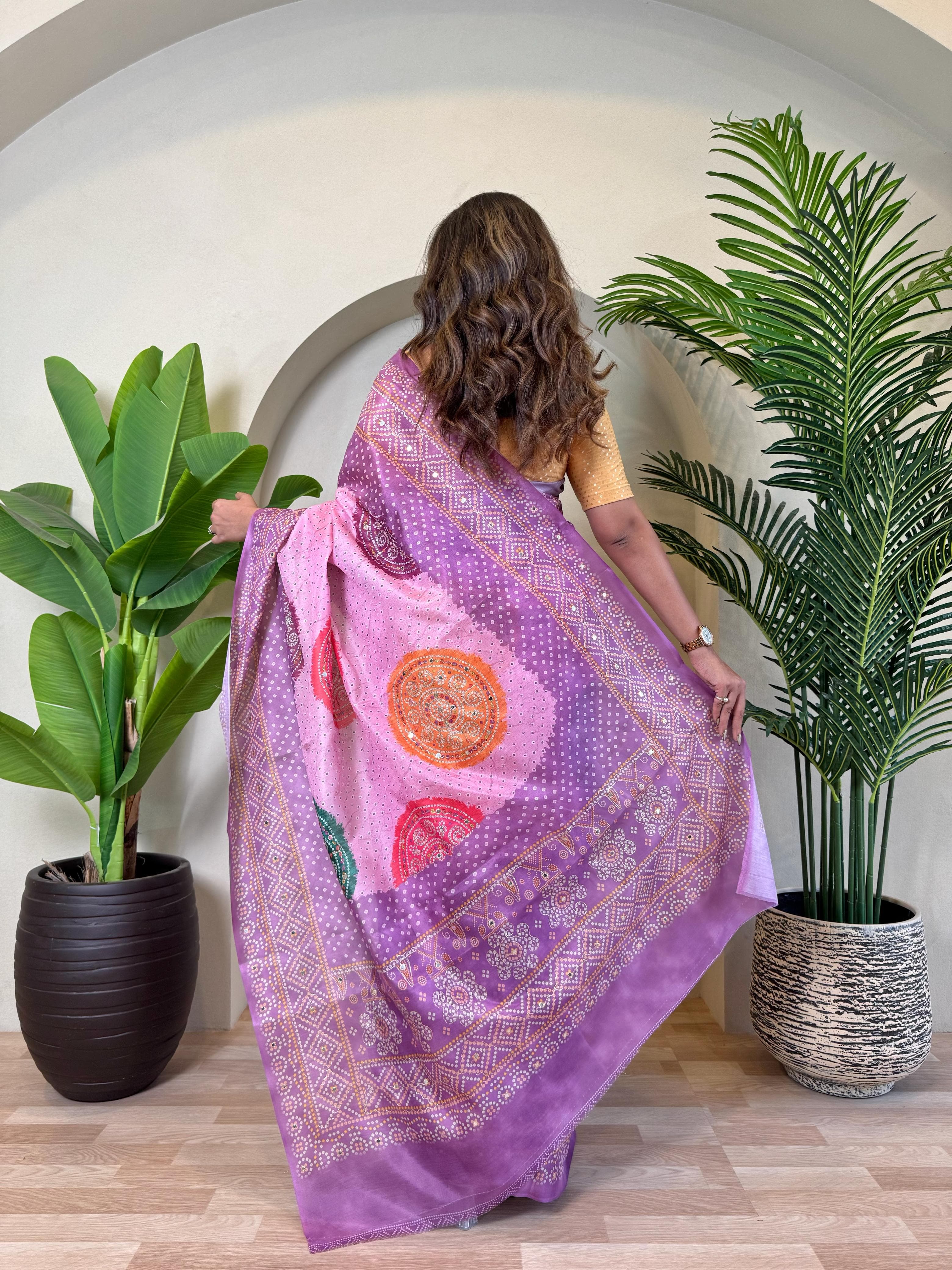 Purple Pure Soft Tissue Bandhani Print Saree