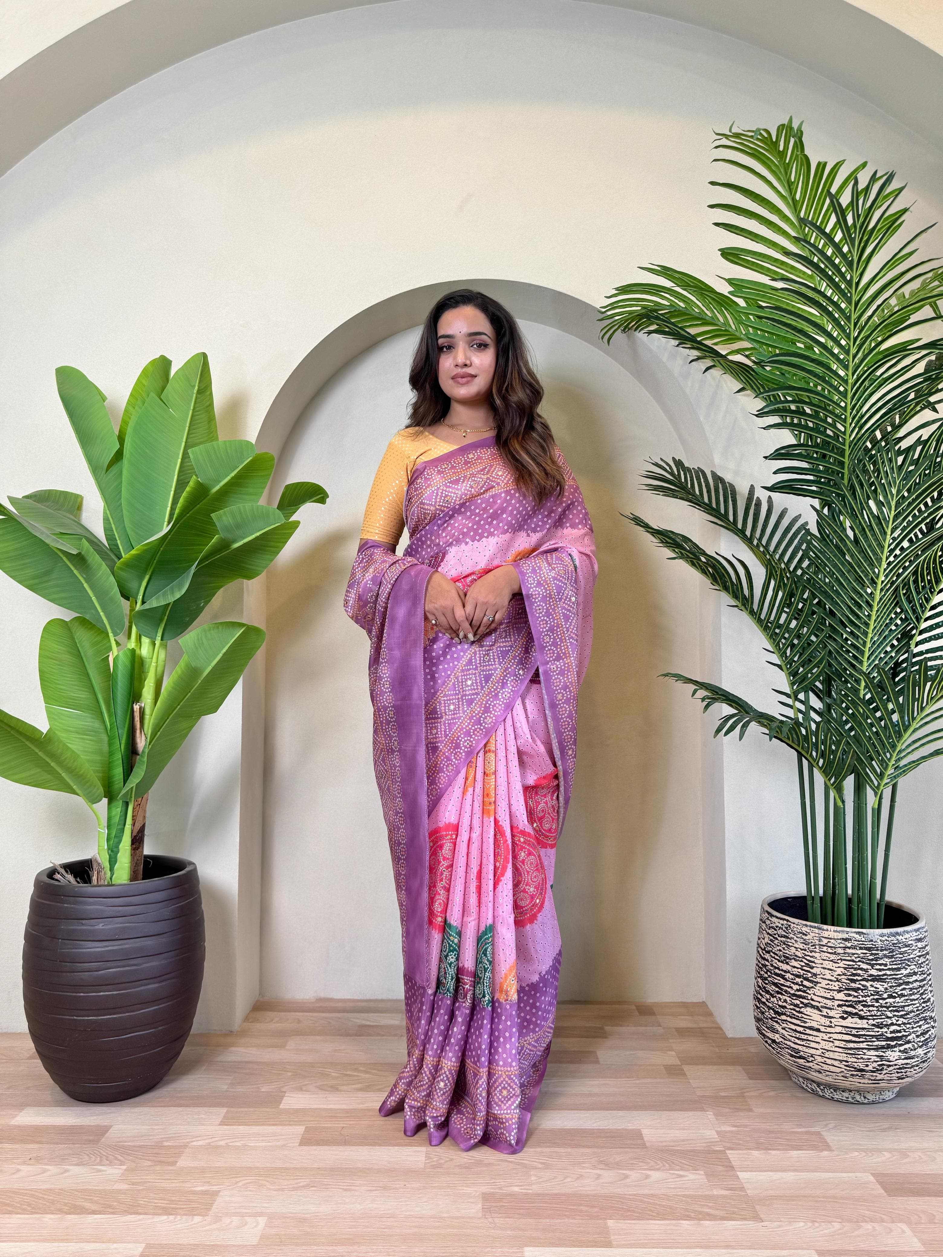 Purple Pure Soft Tissue Bandhani Print Saree
