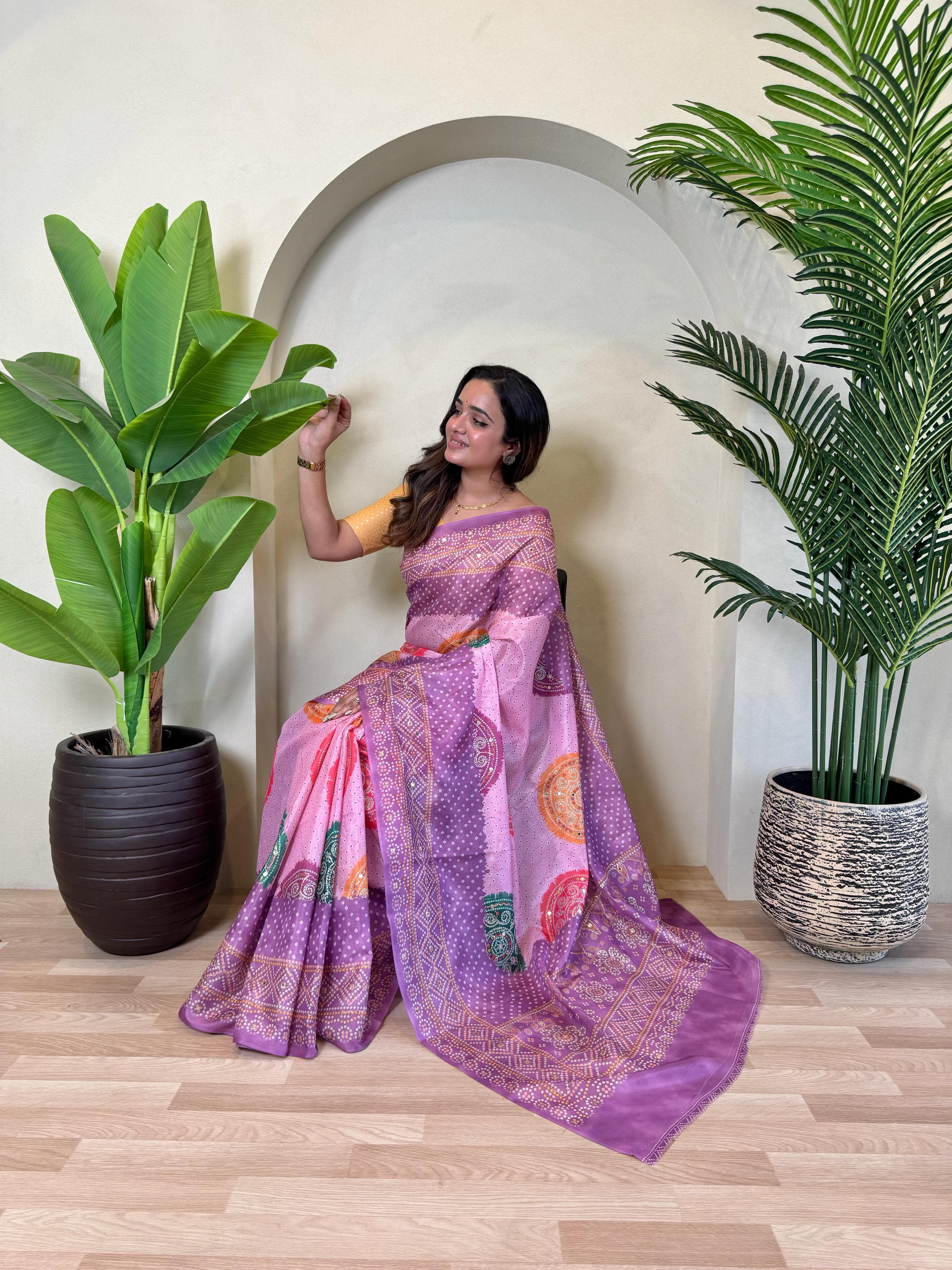 Purple Pure Soft Tissue Bandhani Print Saree