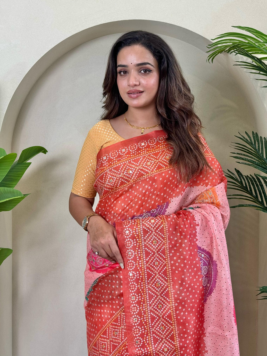 Red Pure Soft Tissue Bandhani Print Saree Tissue Saree Anant Tex Exports Pvt.Ltd..