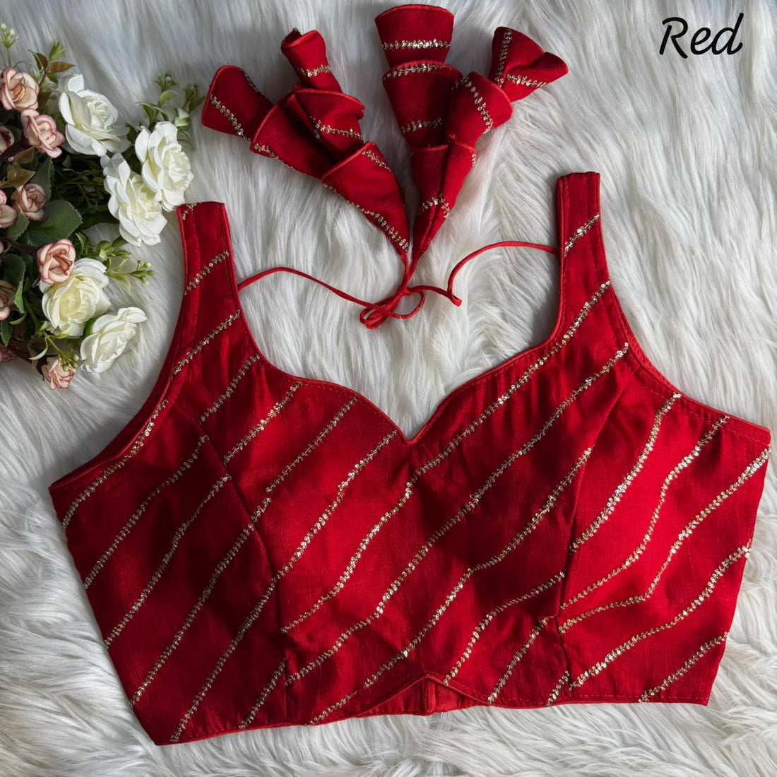 Red Pure Heavy Pure Vichitra Silk Sleeveless Blouse Sleevless Blouse Anant Tex Exports Pvt.Ltd..