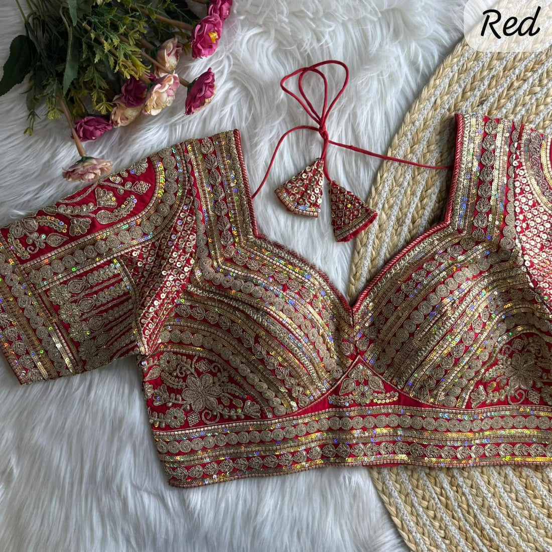 Red Pure Roman Silk Sabyasachi Style Bridal Blouse Sleevless Blouse Anant Tex Exports Pvt.Ltd..