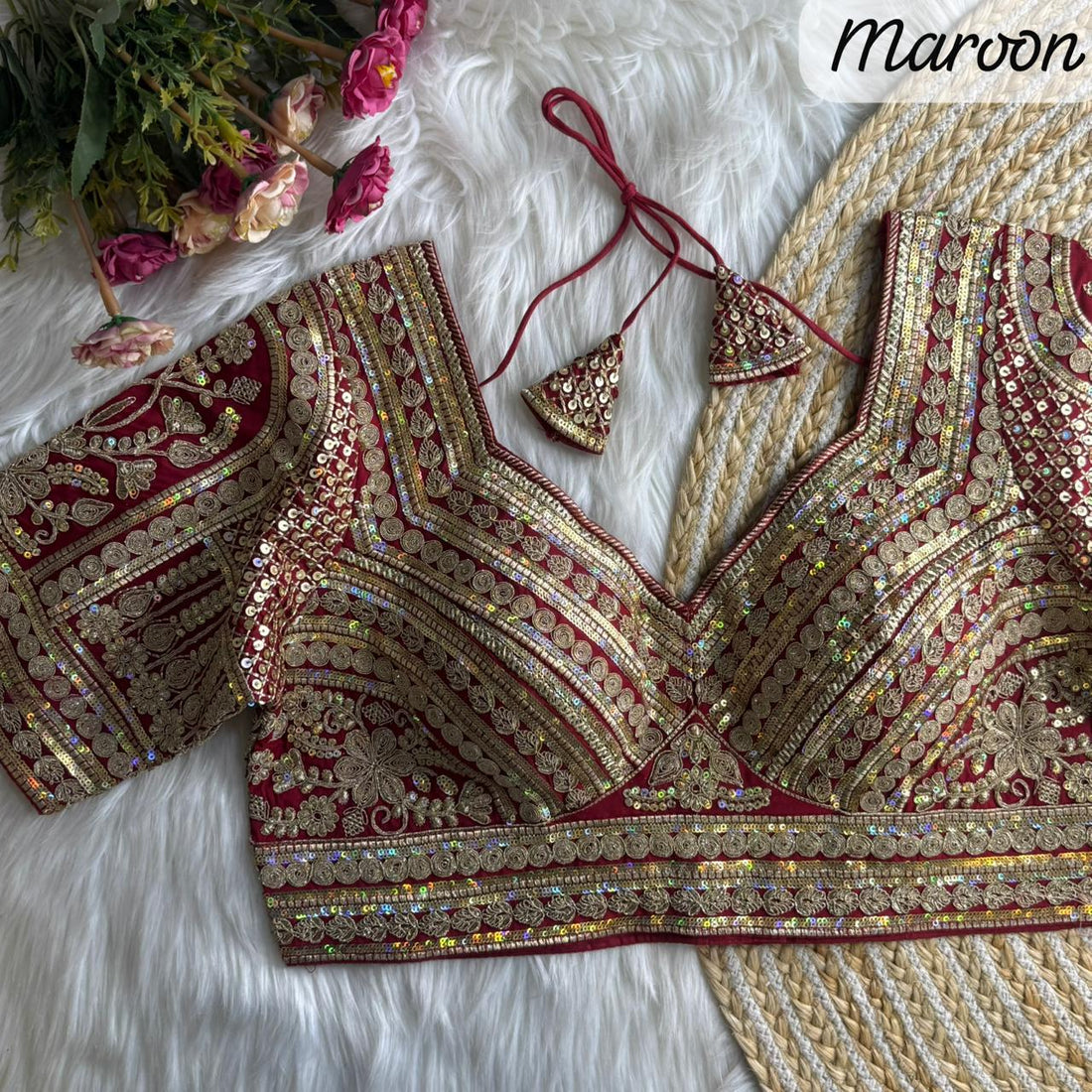 Maroon Pure Roman Silk Sabyasachi Style Bridal Blouse Sleevless Blouse Anant Tex Exports Pvt.Ltd..