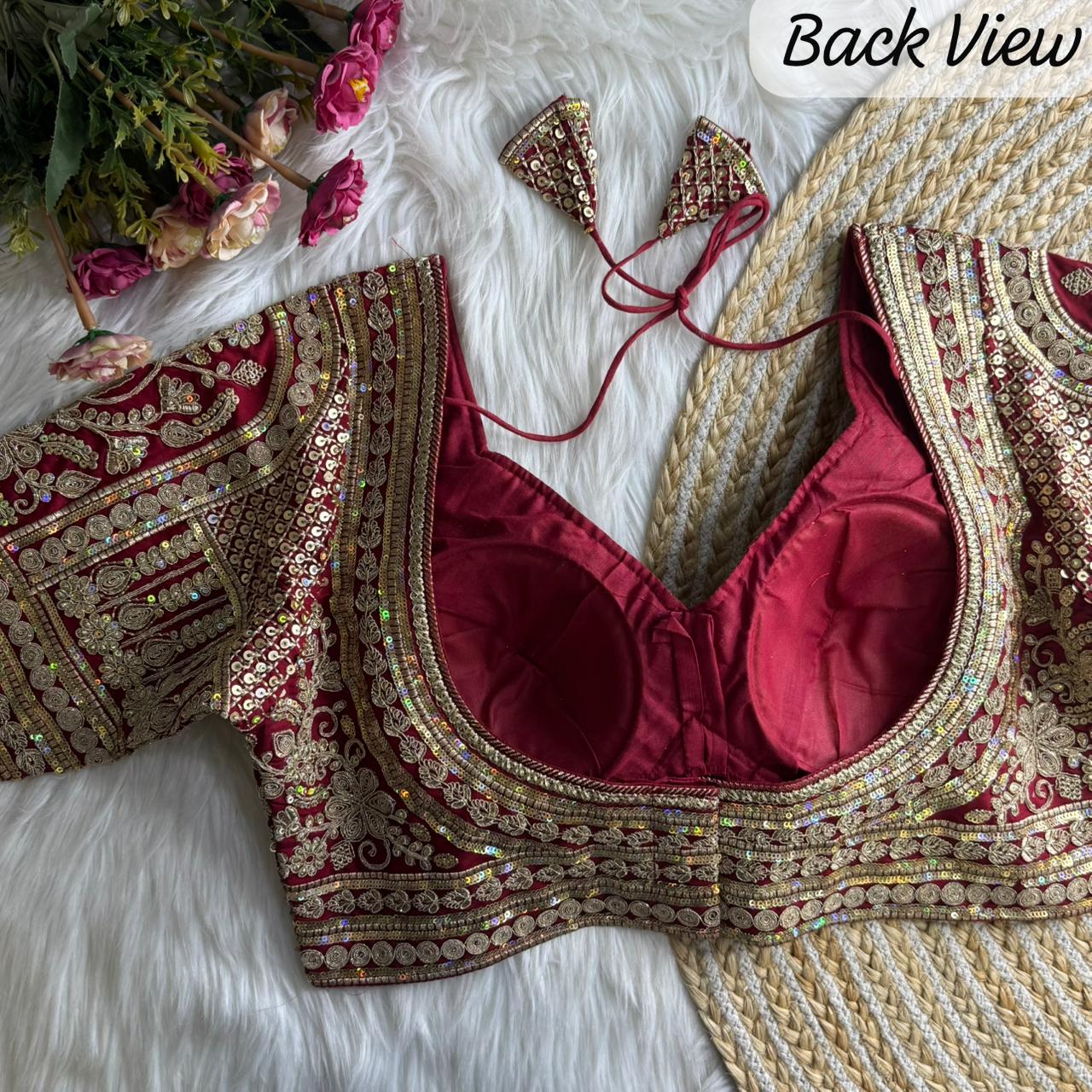 Red Pure Roman Silk Sabyasachi Style Bridal Blouse Sleevless Blouse Anant Tex Exports Pvt.Ltd..