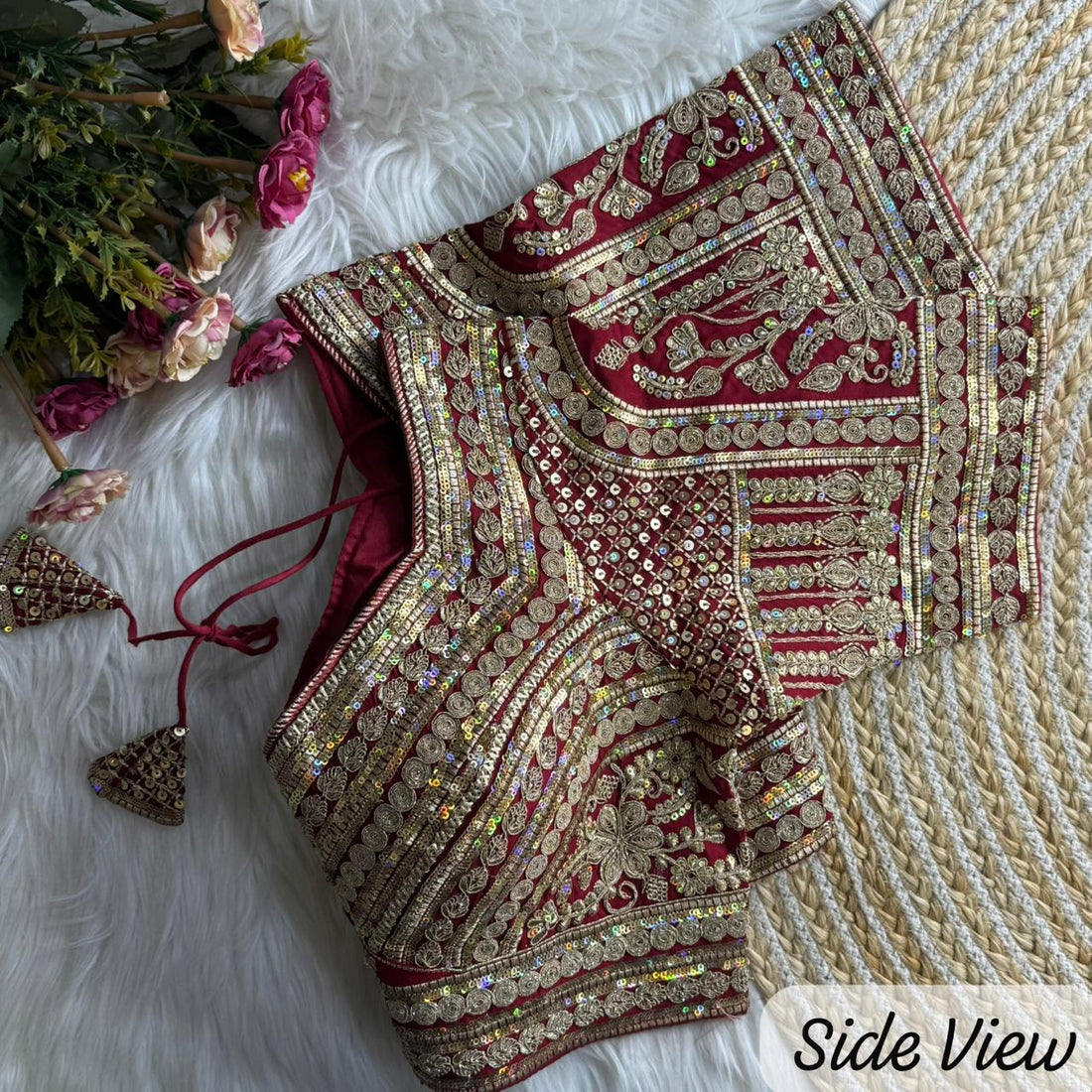 Red Pure Roman Silk Sabyasachi Style Bridal Blouse Sleevless Blouse Anant Tex Exports Pvt.Ltd..