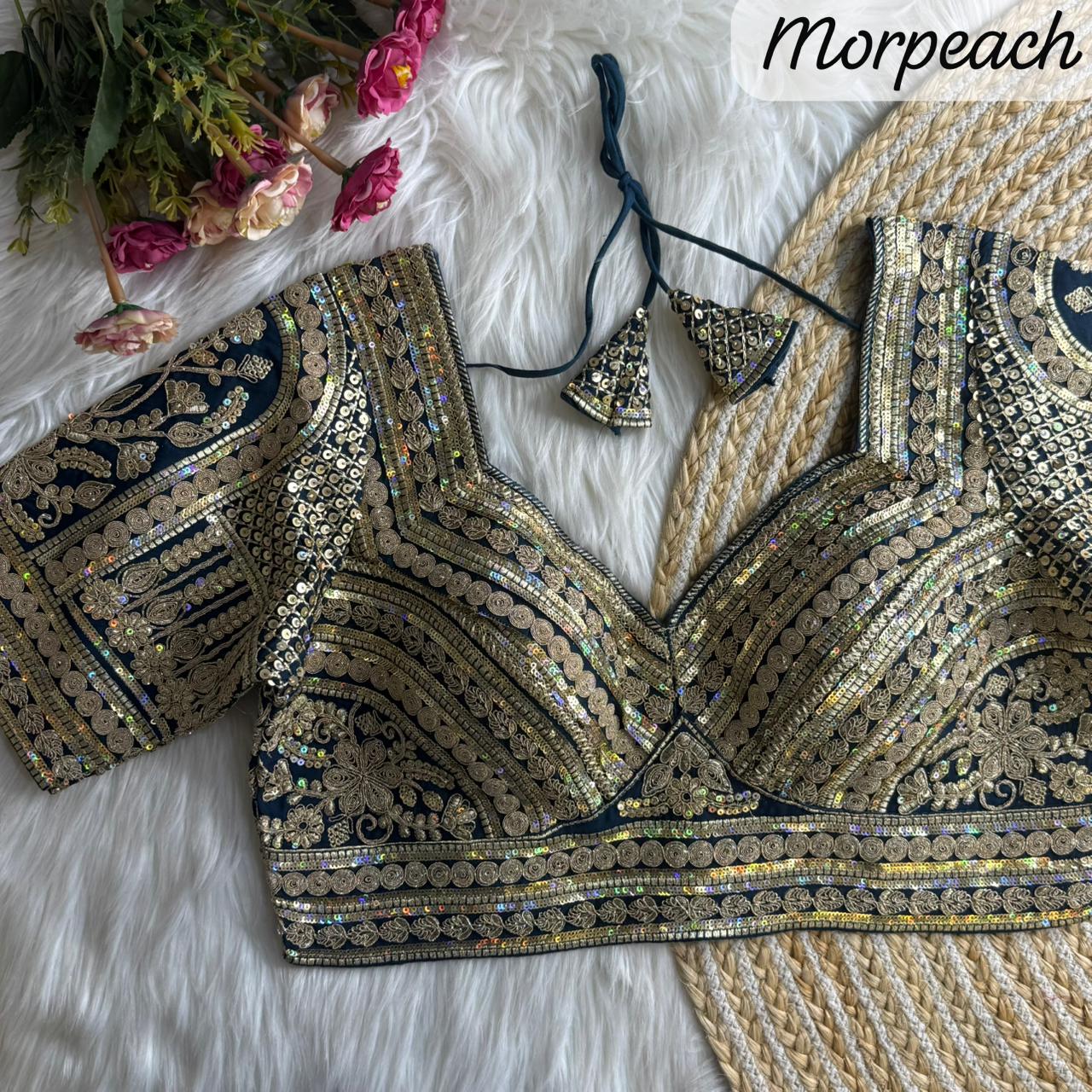 MorPeach Pure Roman Silk Sabyasachi Style Bridal Blouse Sleevless Blouse Anant Tex Exports Pvt.Ltd..