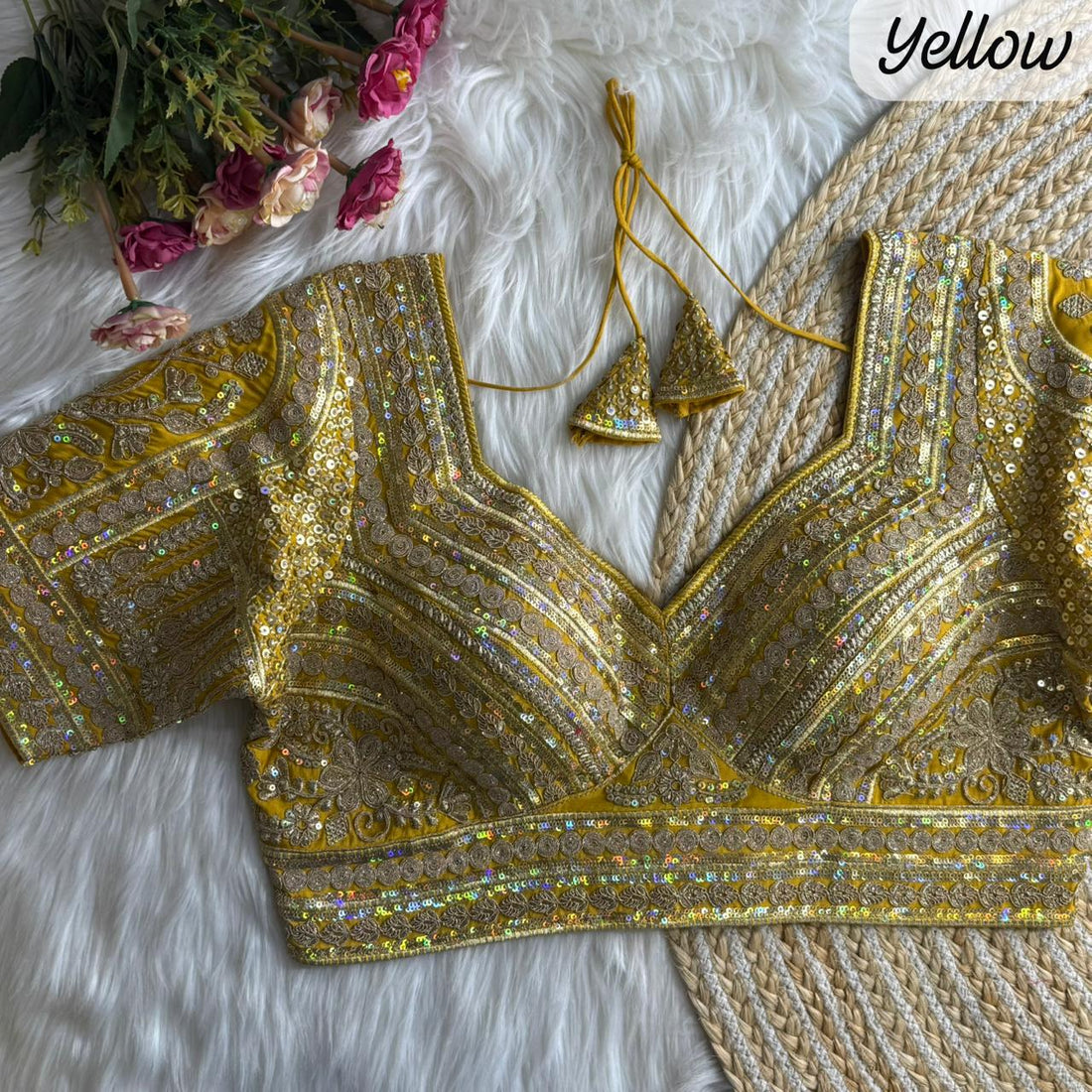Yellow Pure Roman Silk Sabyasachi Style Bridal Blouse Sleevless Blouse Anant Tex Exports Pvt.Ltd..