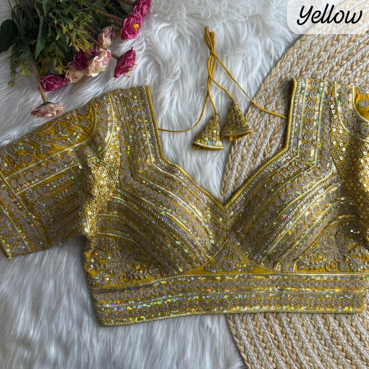 Yellow Pure Roman Silk Sabyasachi Style Bridal Blouse Sleevless Blouse Anant Tex Exports Pvt.Ltd..
