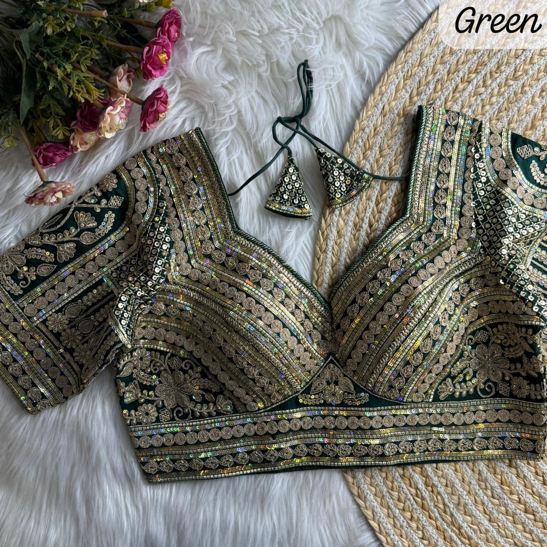 Green Pure Roman Silk Sabyasachi Style Bridal Blouse Sleevless Blouse Anant Tex Exports Pvt.Ltd..