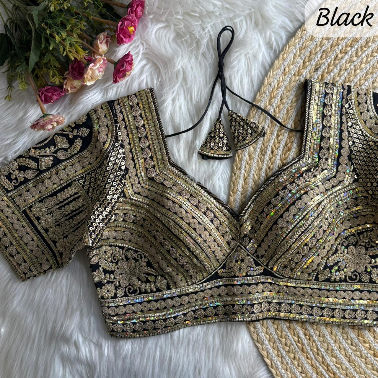 Black Pure Roman Silk Sabyasachi Style Bridal Blouse