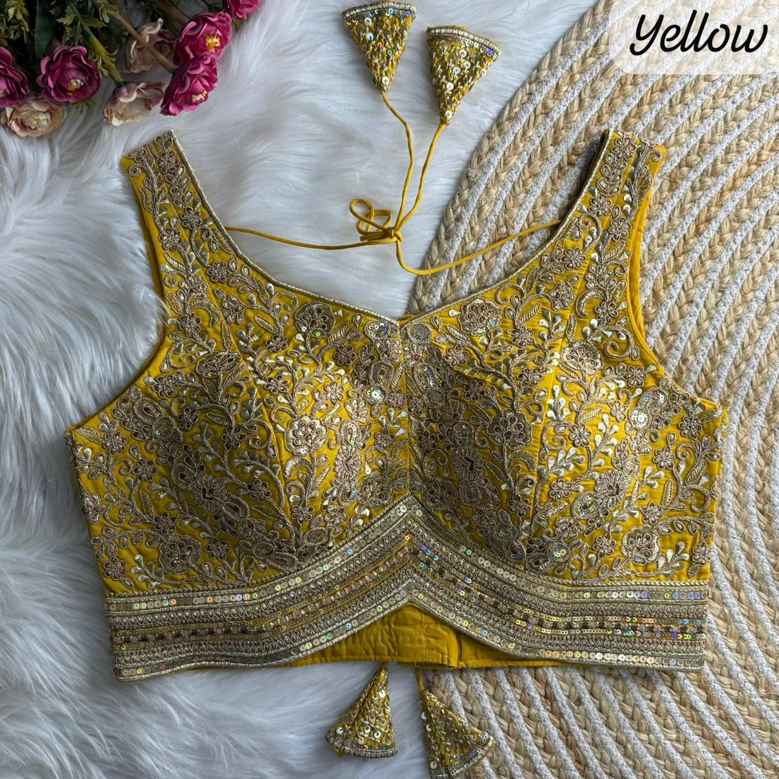 Yellow Pure Roman Silk Sabyasachi Style Sleeveless Blouse Sleevless Blouse Anant Tex Exports Pvt.Ltd..