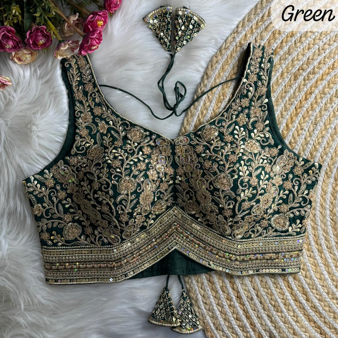 Green Pure Roman Silk Sabyasachi Style Sleeveless Blouse Sleevless Blouse Anant Tex Exports Pvt.Ltd..