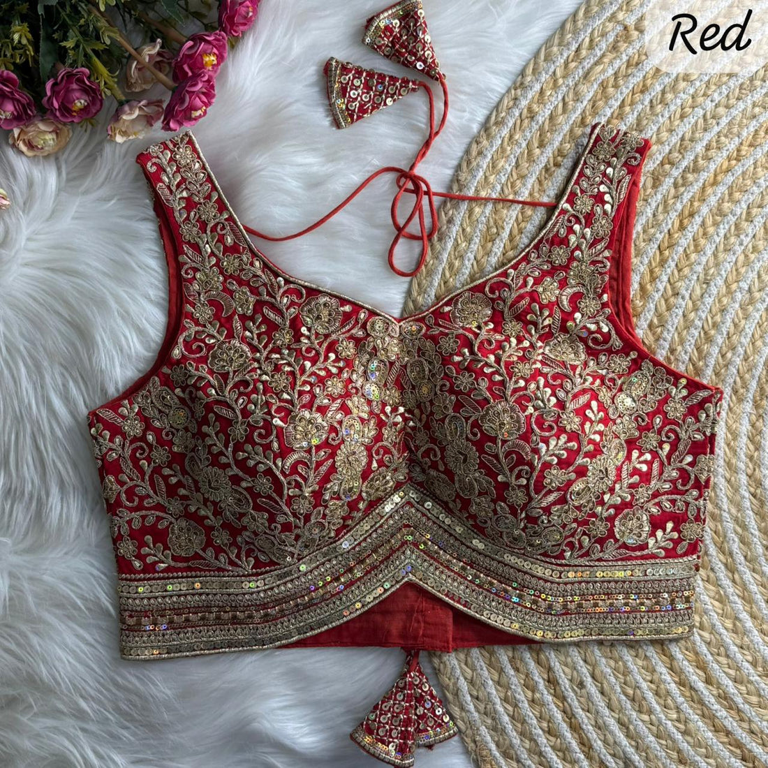 Red Pure Roman Silk Sabyasachi Style Sleeveless Blouse Sleevless Blouse Anant Tex Exports Pvt.Ltd..