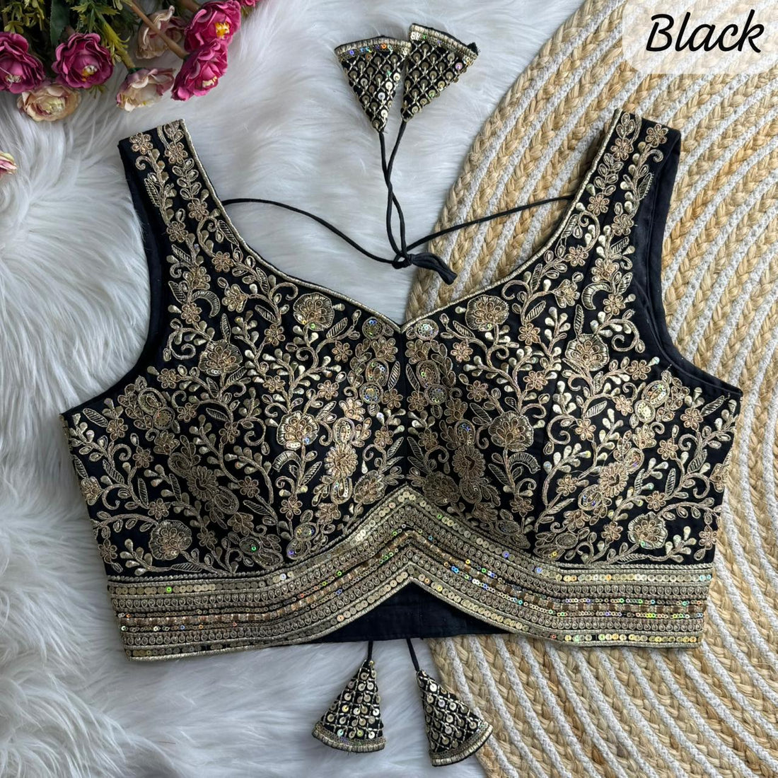 Black Pure Roman Silk Sabyasachi Style Sleeveless Blouse Sleevless Blouse Anant Tex Exports Pvt.Ltd..