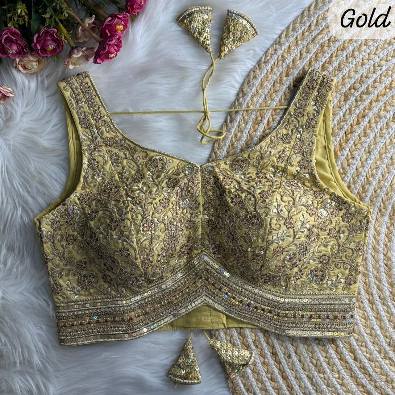 Gold Pure Roman Silk Sabyasachi Style Sleeveless Blouse