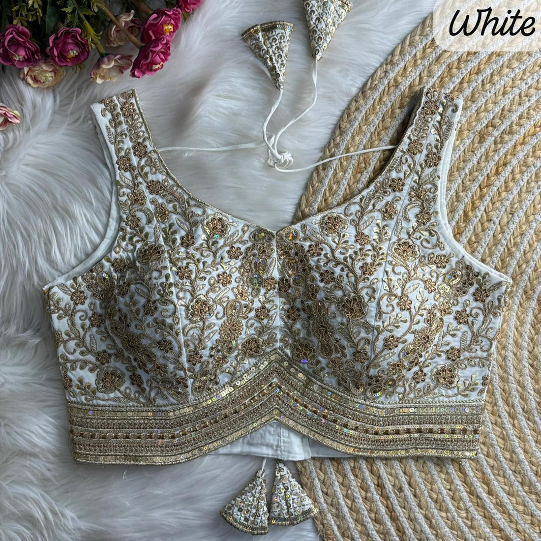 White Pure Roman Silk Sabyasachi Style Sleeveless Blouse Sleevless Blouse Anant Tex Exports Pvt.Ltd..