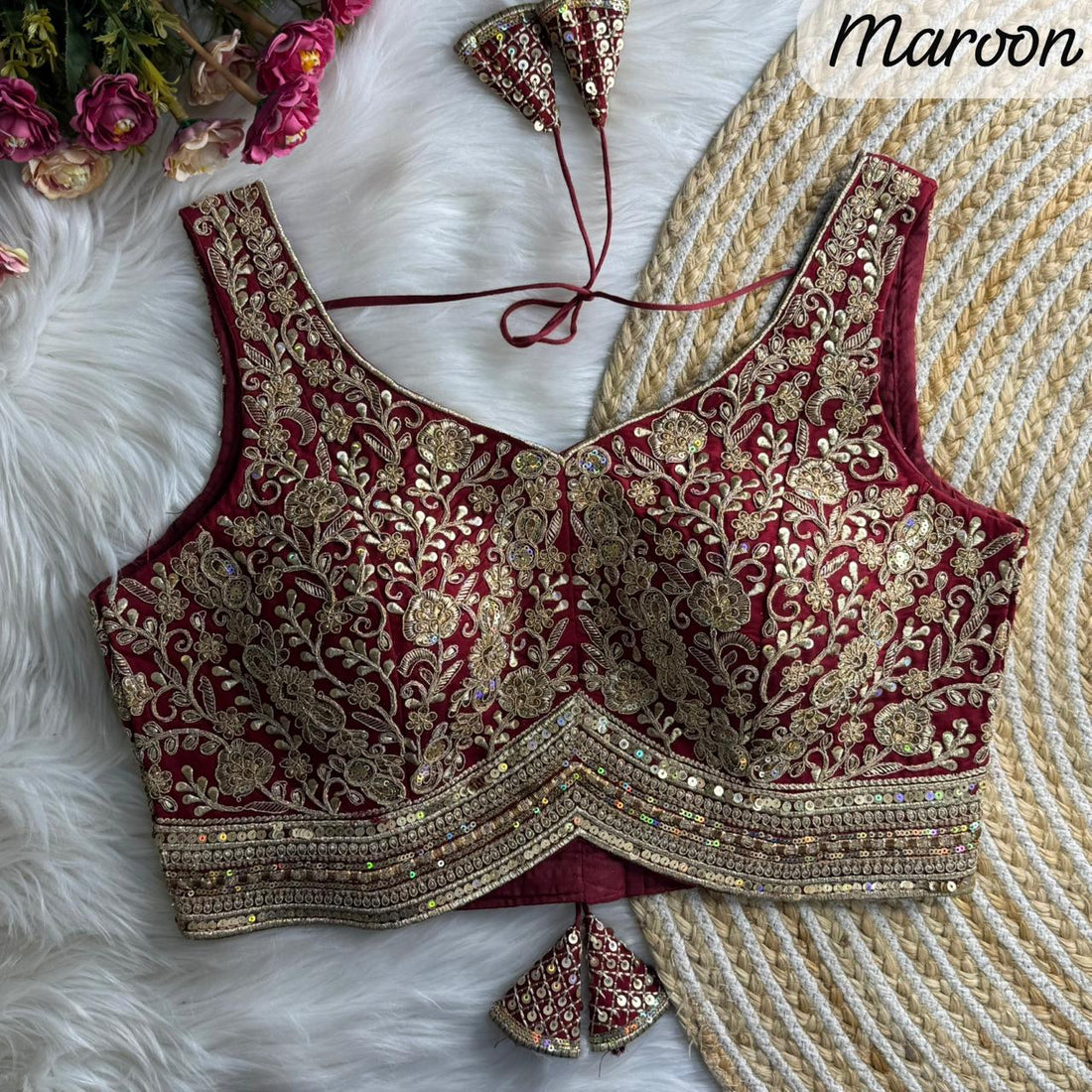 Maroon Pure Roman Silk Sabyasachi Style Sleeveless Blouse Sleevless Blouse Anant Tex Exports Pvt.Ltd..