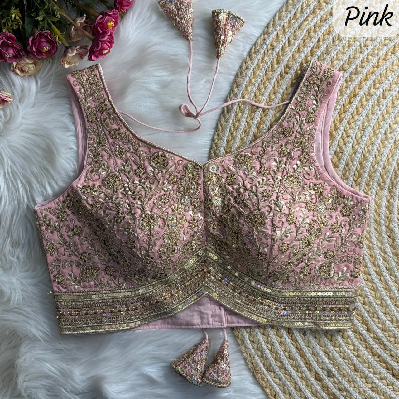 Pink Pure Roman Silk Sabyasachi Style Sleeveless Blouse Sleevless Blouse Anant Tex Exports Pvt.Ltd..