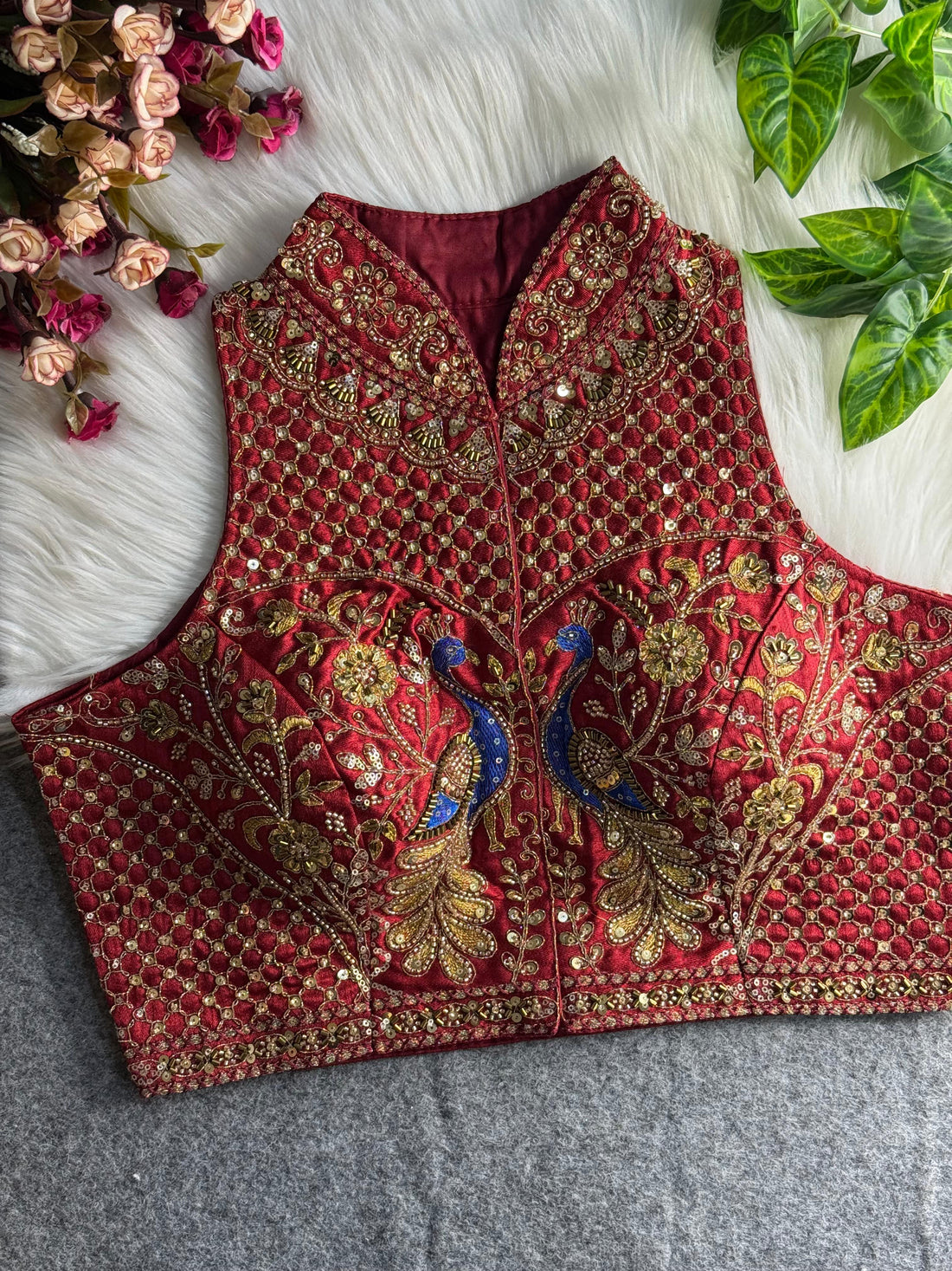 Red Pure Italian Silk Halter Coller Neck Bridal Blouse Sleevless Blouse Anant Tex Exports Pvt.Ltd..