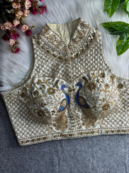 Cream Pure Italian Silk Halter Coller Neck Bridal Blouse Sleevless Blouse Anant Tex Exports Pvt.Ltd..