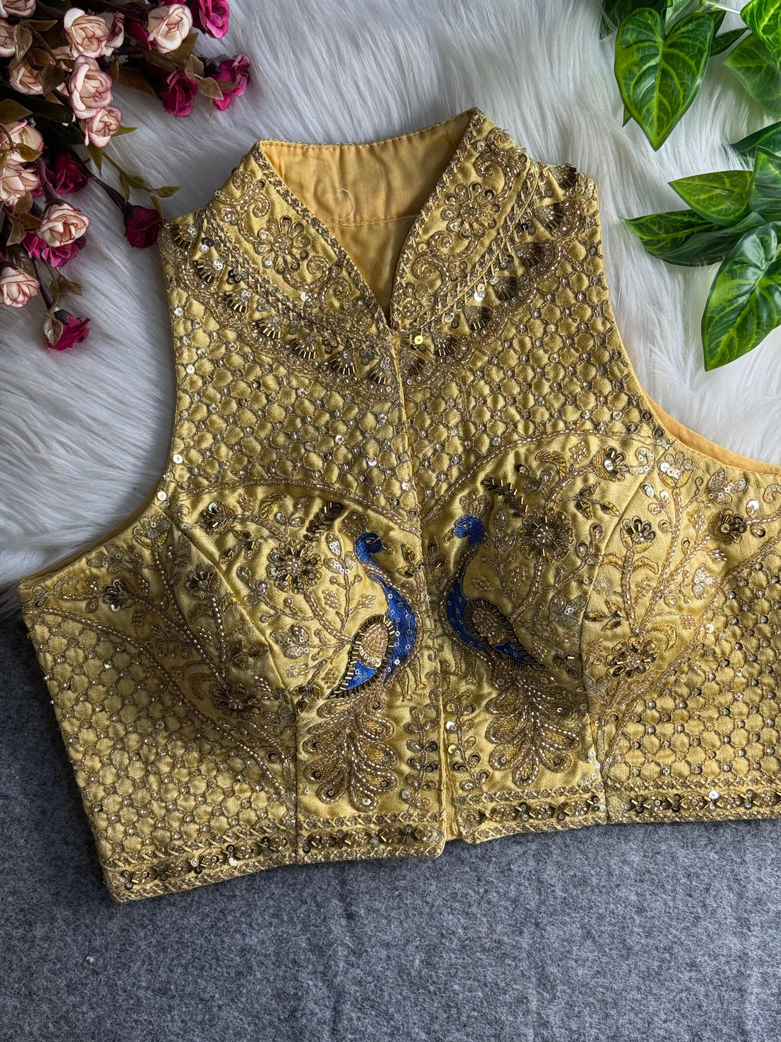 Gold Pure Italian Silk Halter Coller Neck Bridal Blouse Sleevless Blouse Anant Tex Exports Pvt.Ltd..