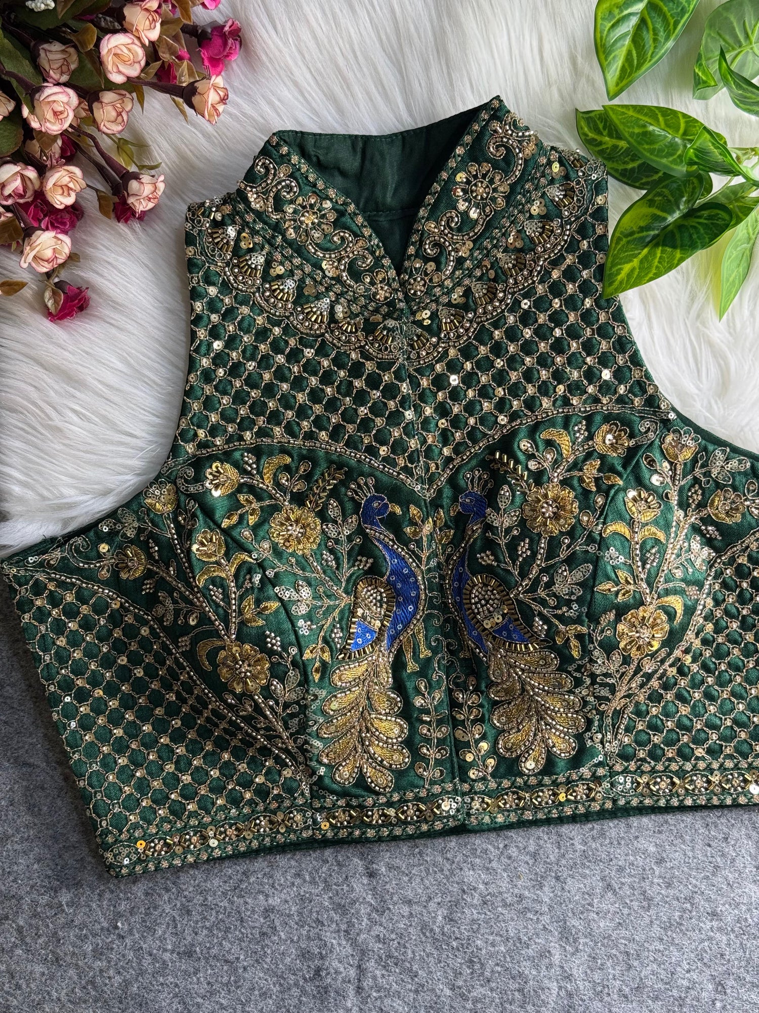 Green Pure Italian Silk Halter Coller Neck Bridal Blouse Sleevless Blouse Anant Tex Exports Pvt.Ltd..