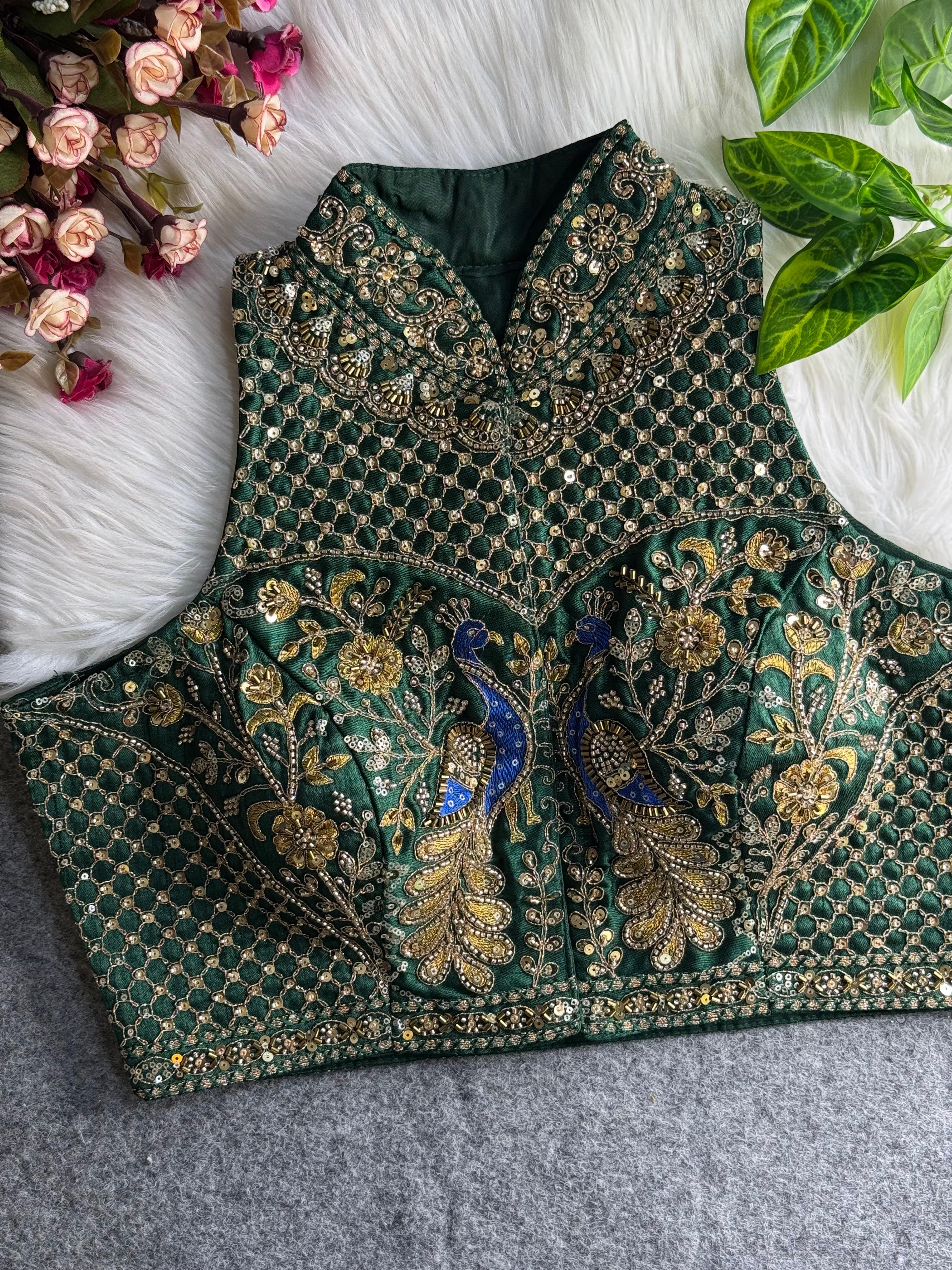 Green Pure Italian Silk Halter Coller Neck Bridal Blouse Sleevless Blouse Anant Tex Exports Pvt.Ltd..