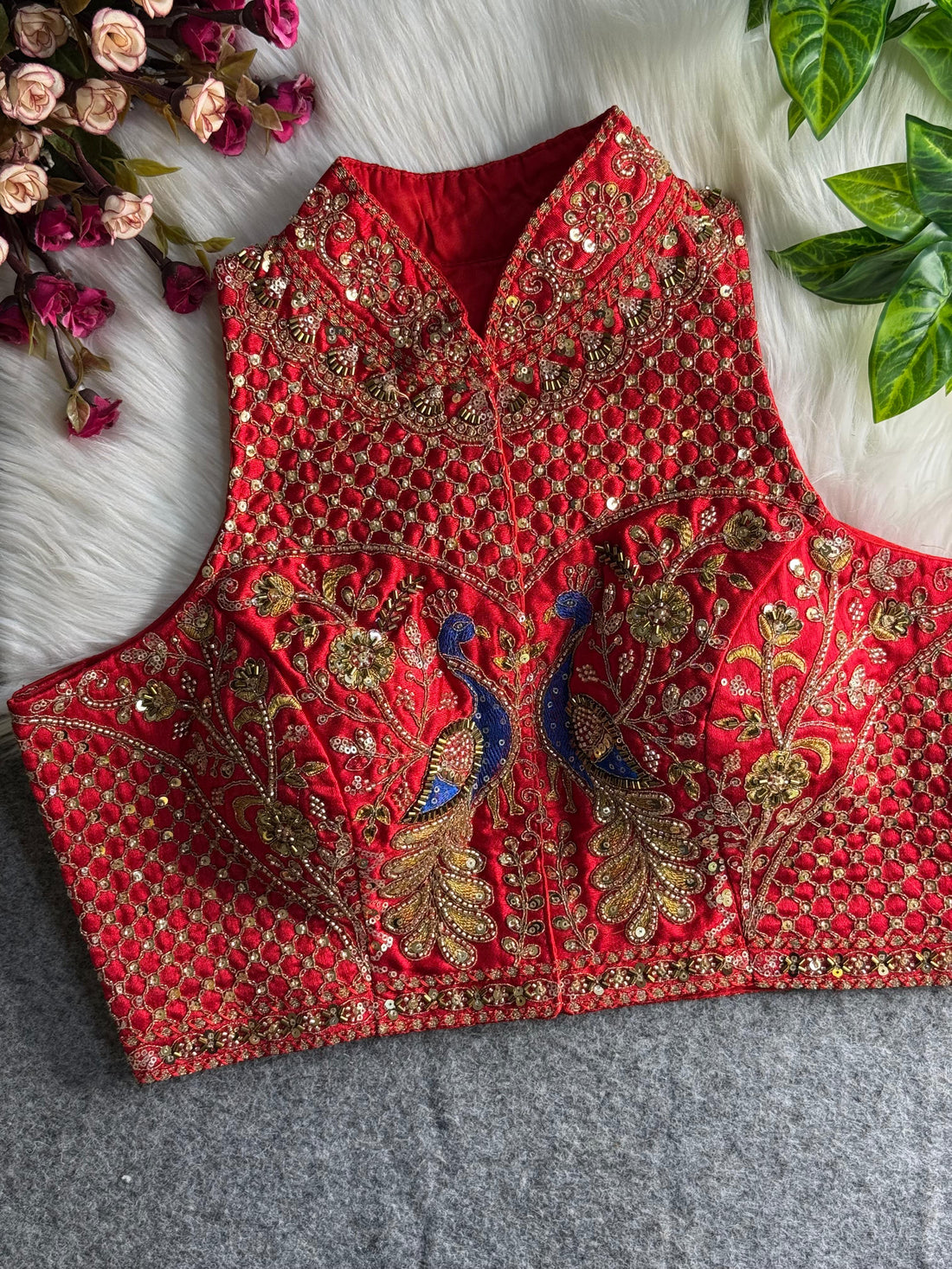 Red Pure Italian Silk Halter Coller Neck Bridal Blouse Sleevless Blouse Anant Tex Exports Pvt.Ltd..