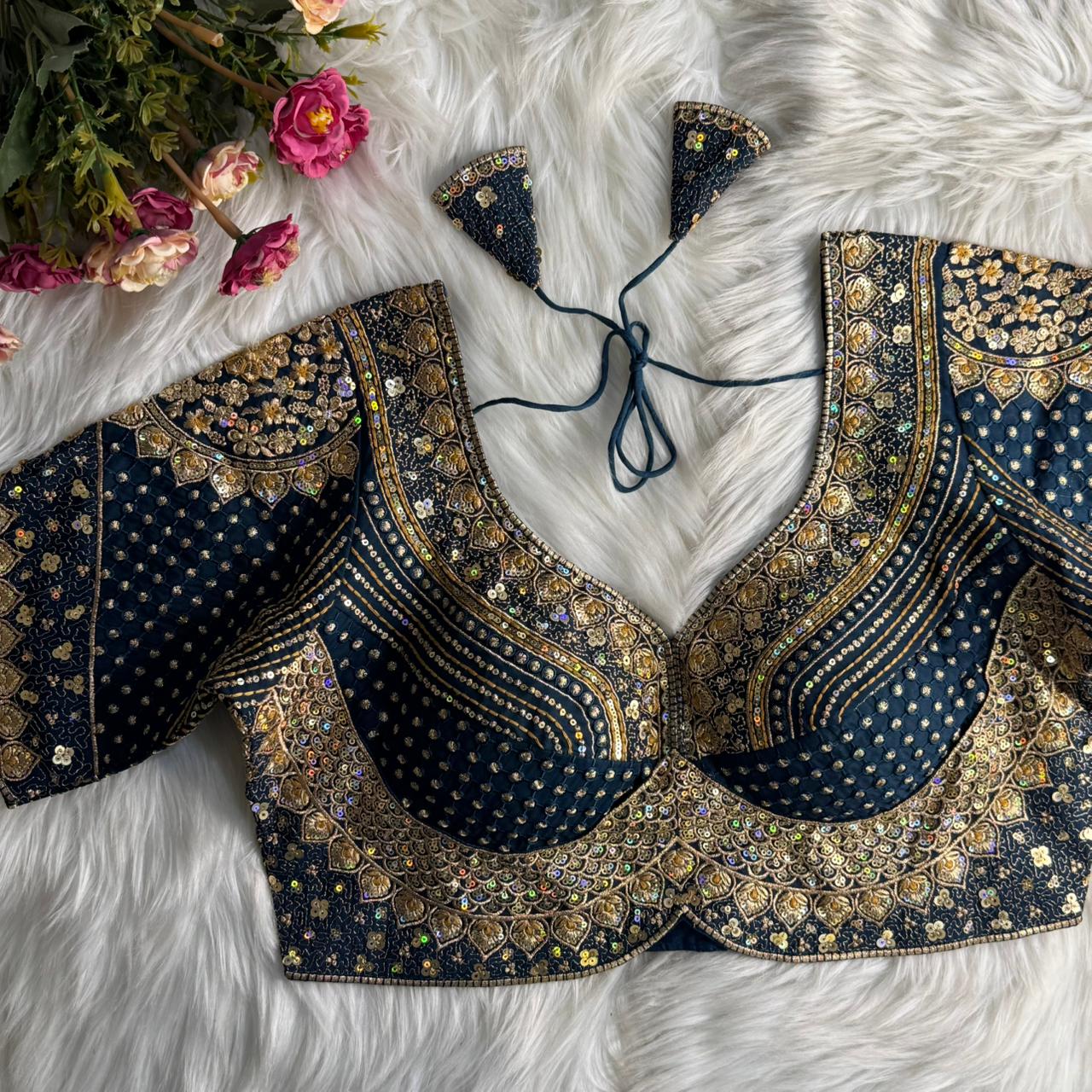 Teal Pure Roman Silk Sabyasachi Style Bridal Blouse Sleevless Blouse Anant Tex Exports Pvt.Ltd..