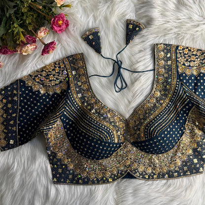Teal Pure Roman Silk Sabyasachi Style Bridal Blouse Sleevless Blouse Anant Tex Exports Pvt.Ltd..