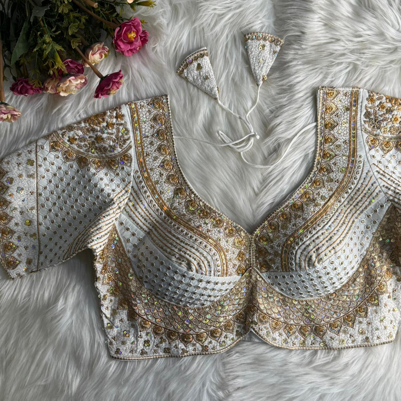 White Pure Roman Silk Sabyasachi Style Bridal Blouse Sleevless Blouse Anant Tex Exports Pvt.Ltd..