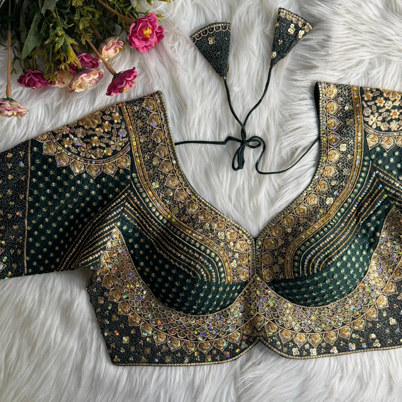 Green Pure Roman Silk Sabyasachi Style Bridal Blouse Sleevless Blouse Anant Tex Exports Pvt.Ltd..