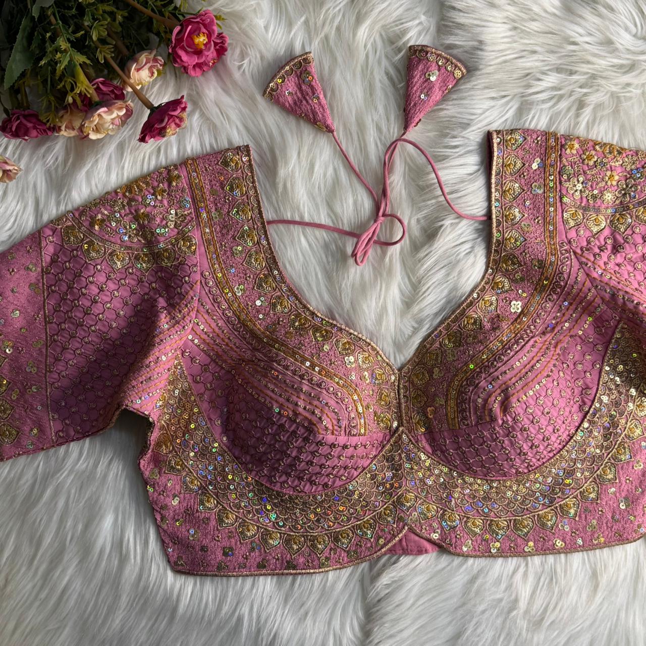 Baby Pink Pure Roman Silk Sabyasachi Style Bridal Blouse