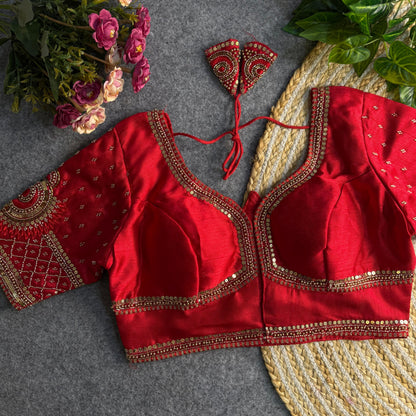 Red Pure Soft Italian Silk Sabyasachi Style Bridal Blouse Sleevless Blouse Anant Tex Exports Pvt.Ltd..