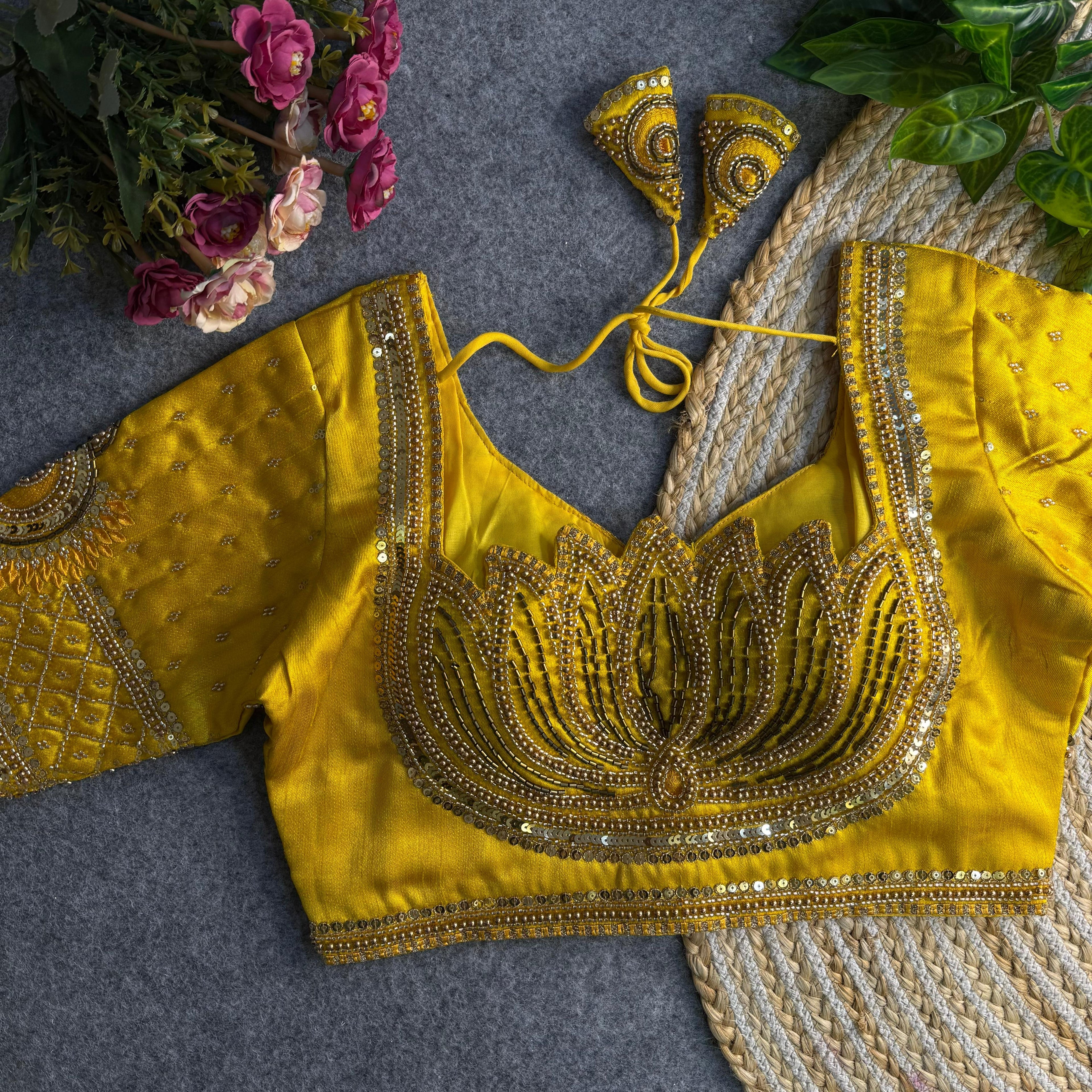 Yellow Pure Soft Italian Silk Sabyasachi Style Bridal Blouse Sleevless Blouse Anant Tex Exports Pvt.Ltd..