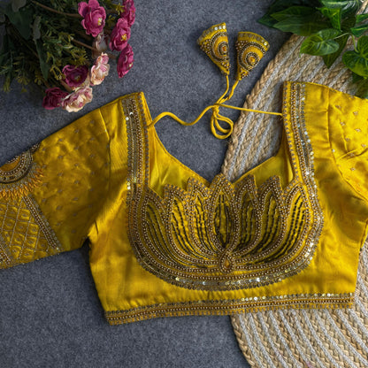 Yellow Pure Soft Italian Silk Sabyasachi Style Bridal Blouse Sleevless Blouse Anant Tex Exports Pvt.Ltd..